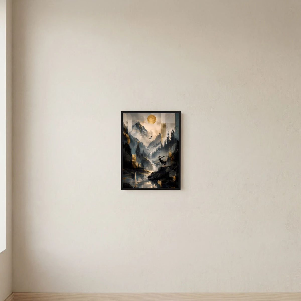 Gerahmtes Poster im Hochformat an der Wand mit Berglandschaft und Hirsch