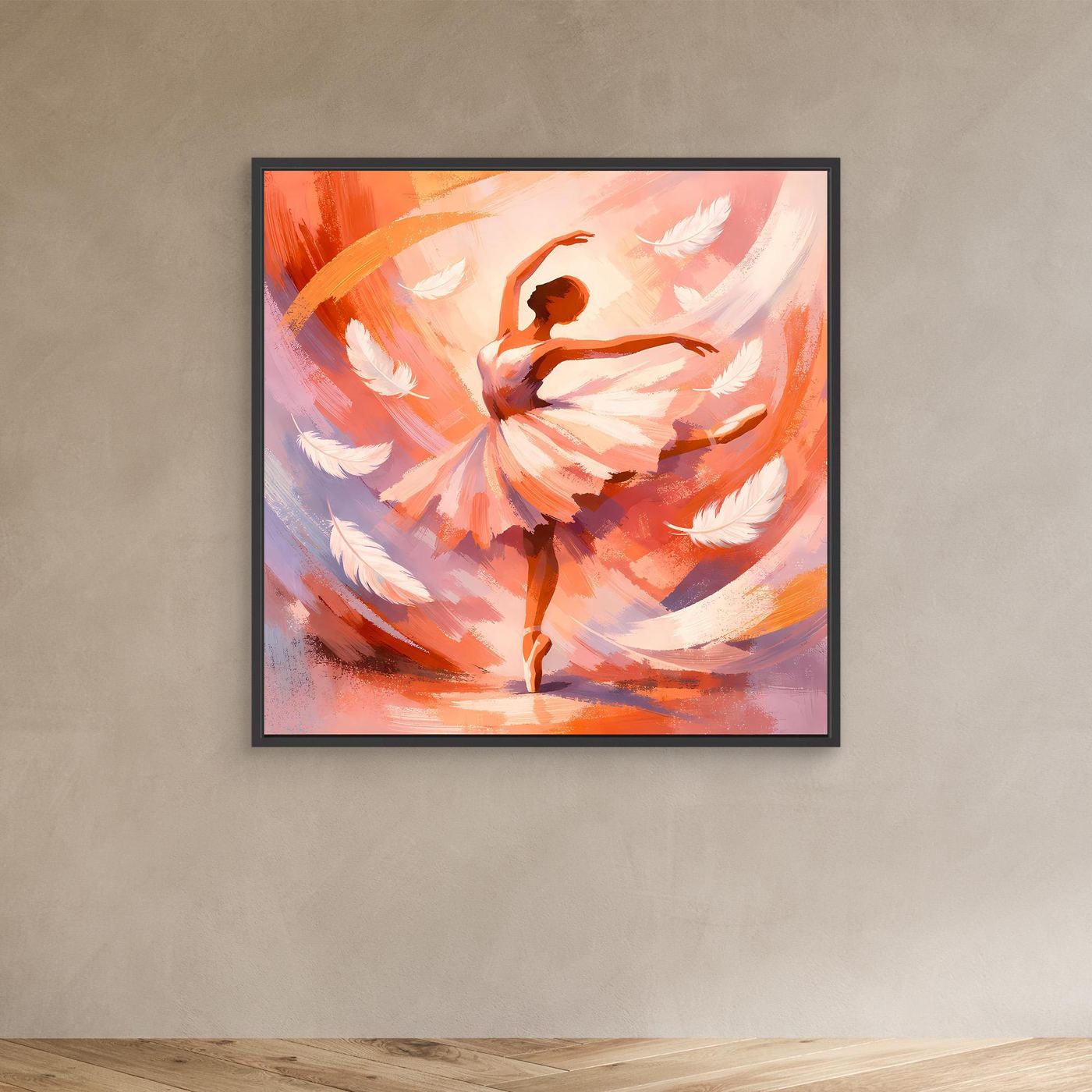 Abstraktes Leinwandbild mit Ballerina in warmen Orange- und Pinktönen, schwarzer Rahmen