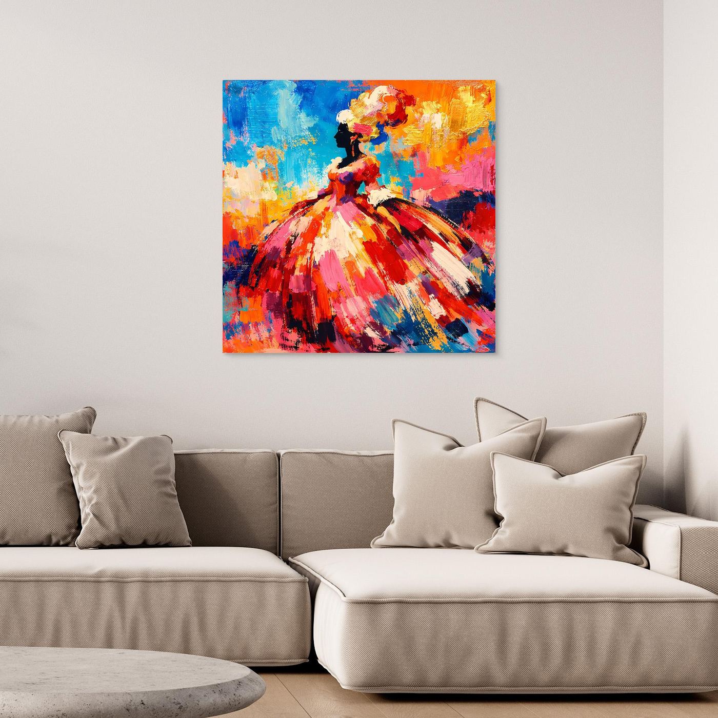 Gerahmtes Leinwandbild: abstraktes Portrait einer barocken Dame in bunten Farben