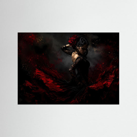 Kunstposter: Flamenco-Tänzerin in Schwarz und Rot mit rotem Fächer, schwarzer Rahmen.