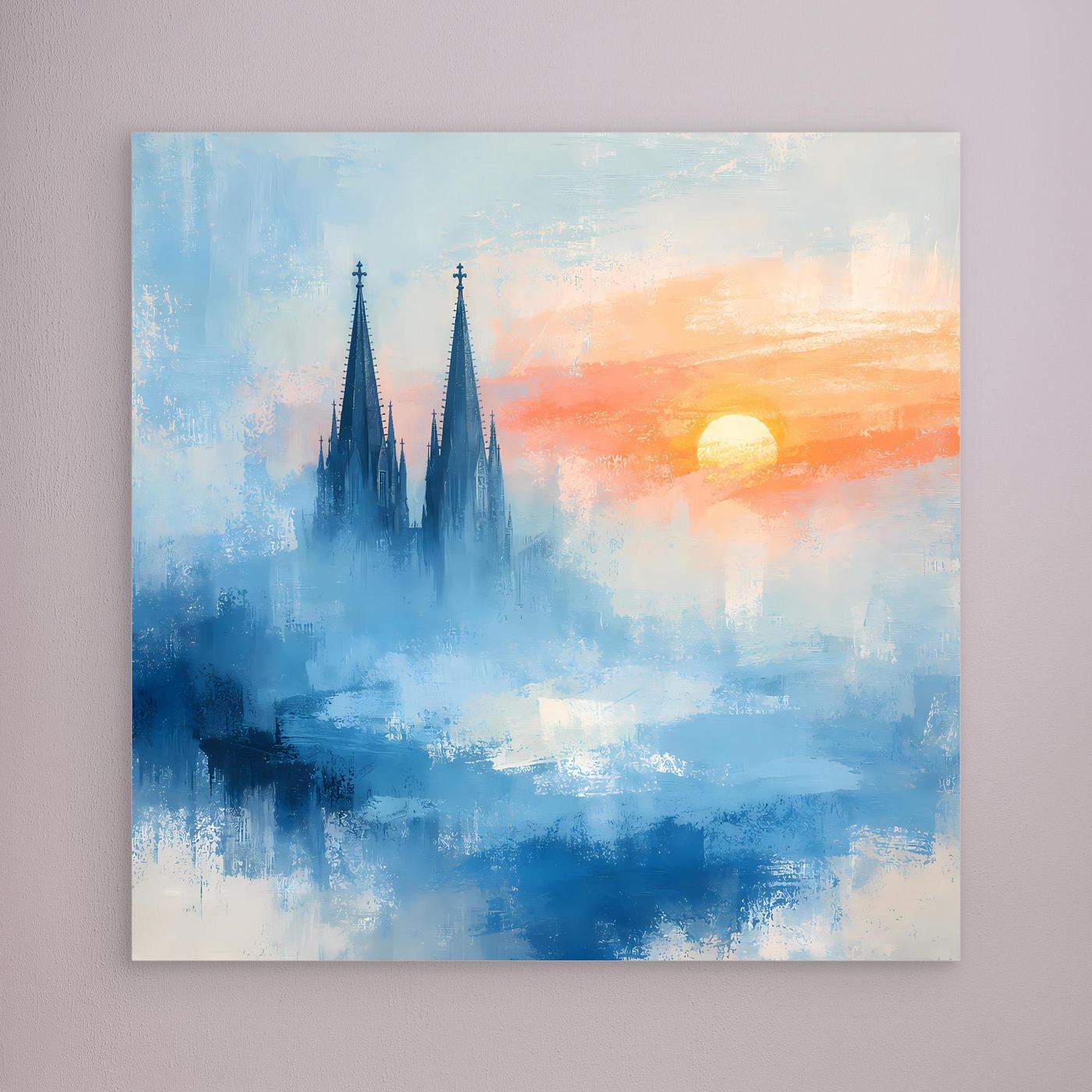 Kölner Dom Silhouette in Nebelblau | Moderne Abstrakte Leinwand mit Sonnenaufgang