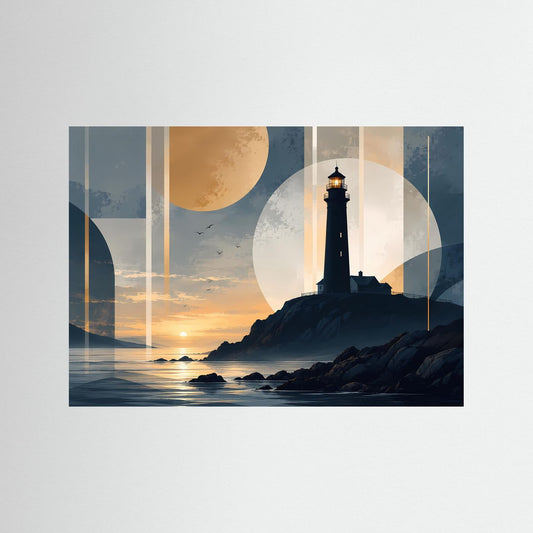 Querformatiges Poster mit Leuchtturm am Meer und geometrischen Kreisformen in Blau