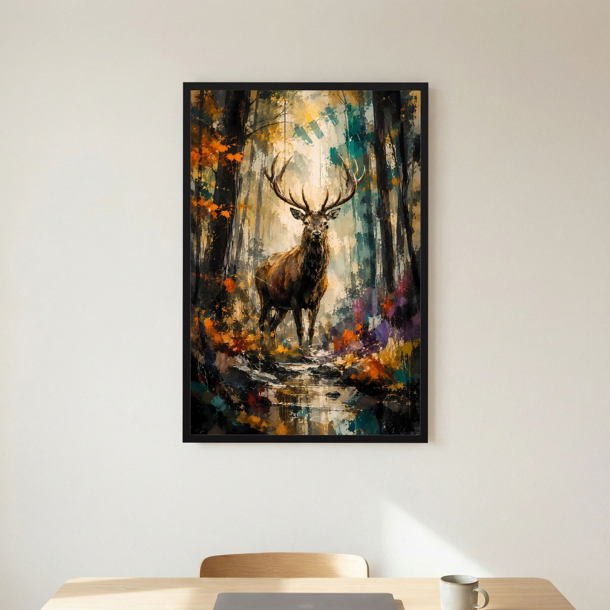 Majestätischer Hirsch | Abstrakte Waldkunst in Gold und Türkis | Poster Hochformat