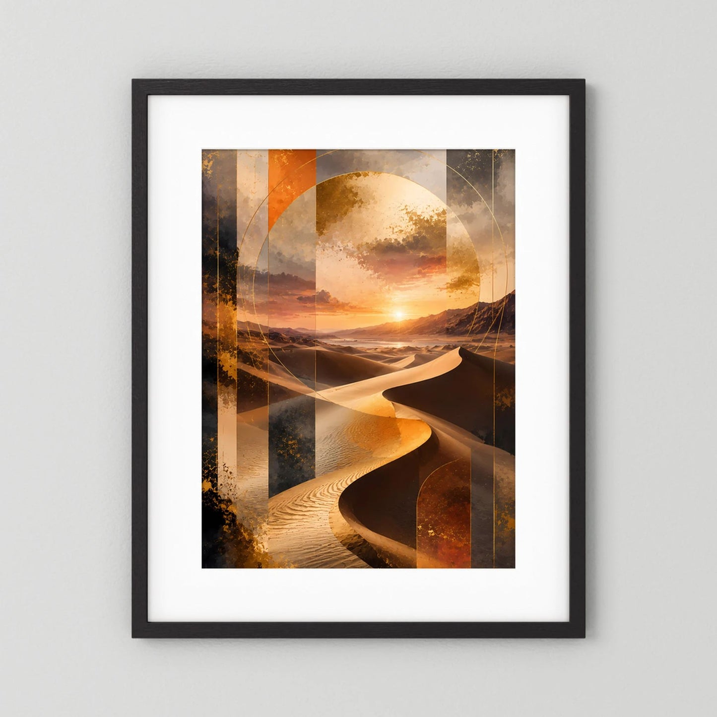 Poster im schwarzem Rahmen mit weißem Rand, goldene Dünen und Sonnenuntergang