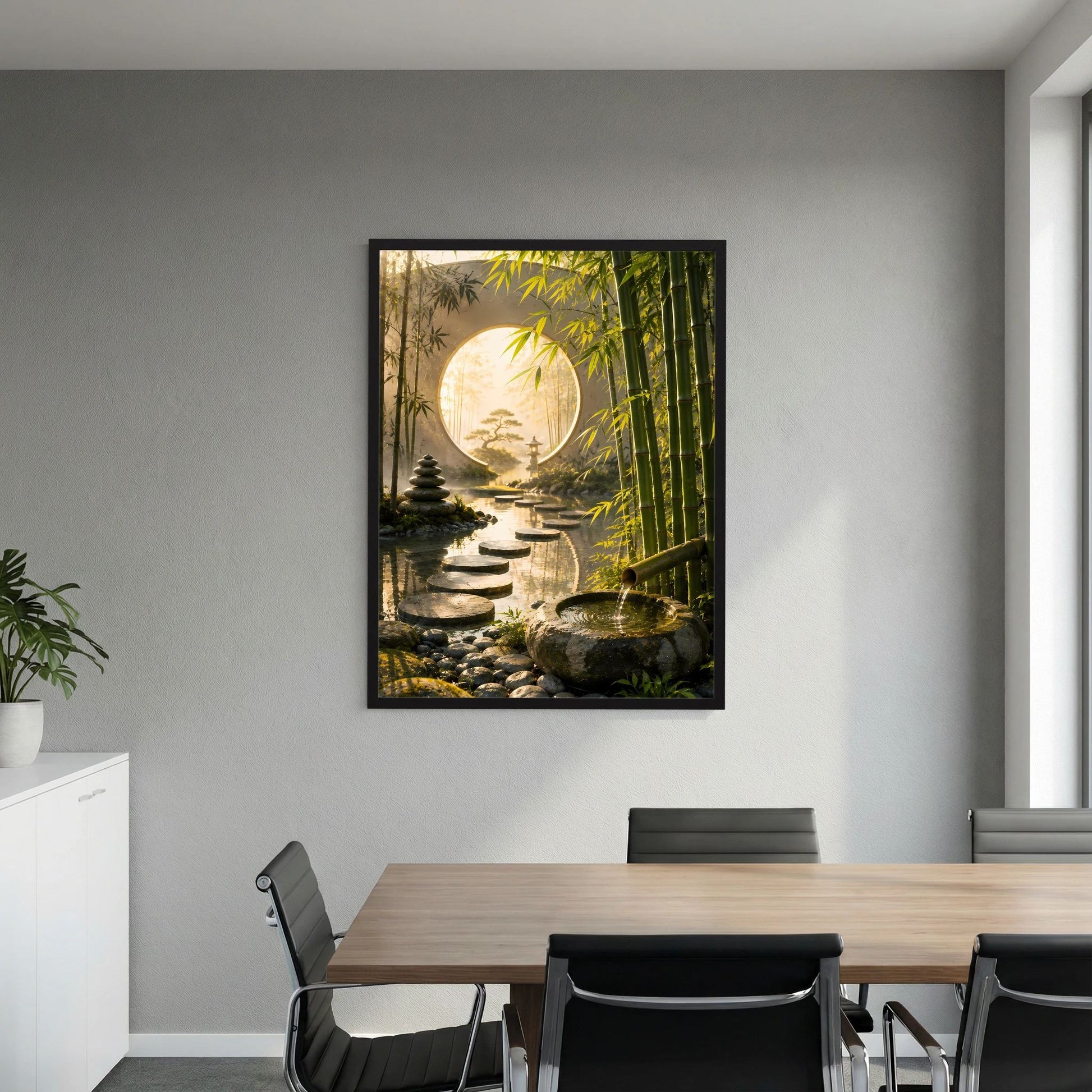 Gerahmtes Hochformat-Poster mit Trittsteinen und Mondtor im Bambusgarten