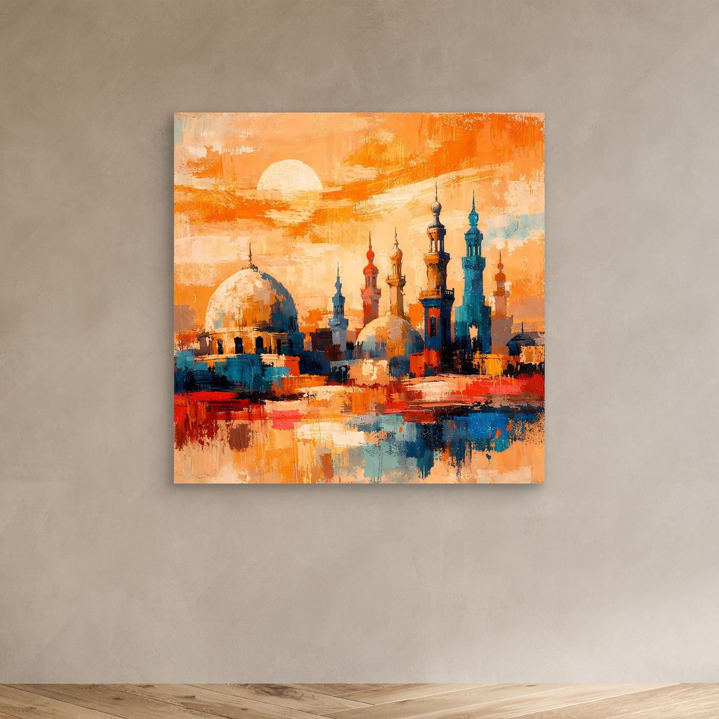 Abstraktes Leinwandbild mit orientalischer Skyline und Minaretten, ohne sichtbaren Rahmen, orange-blau