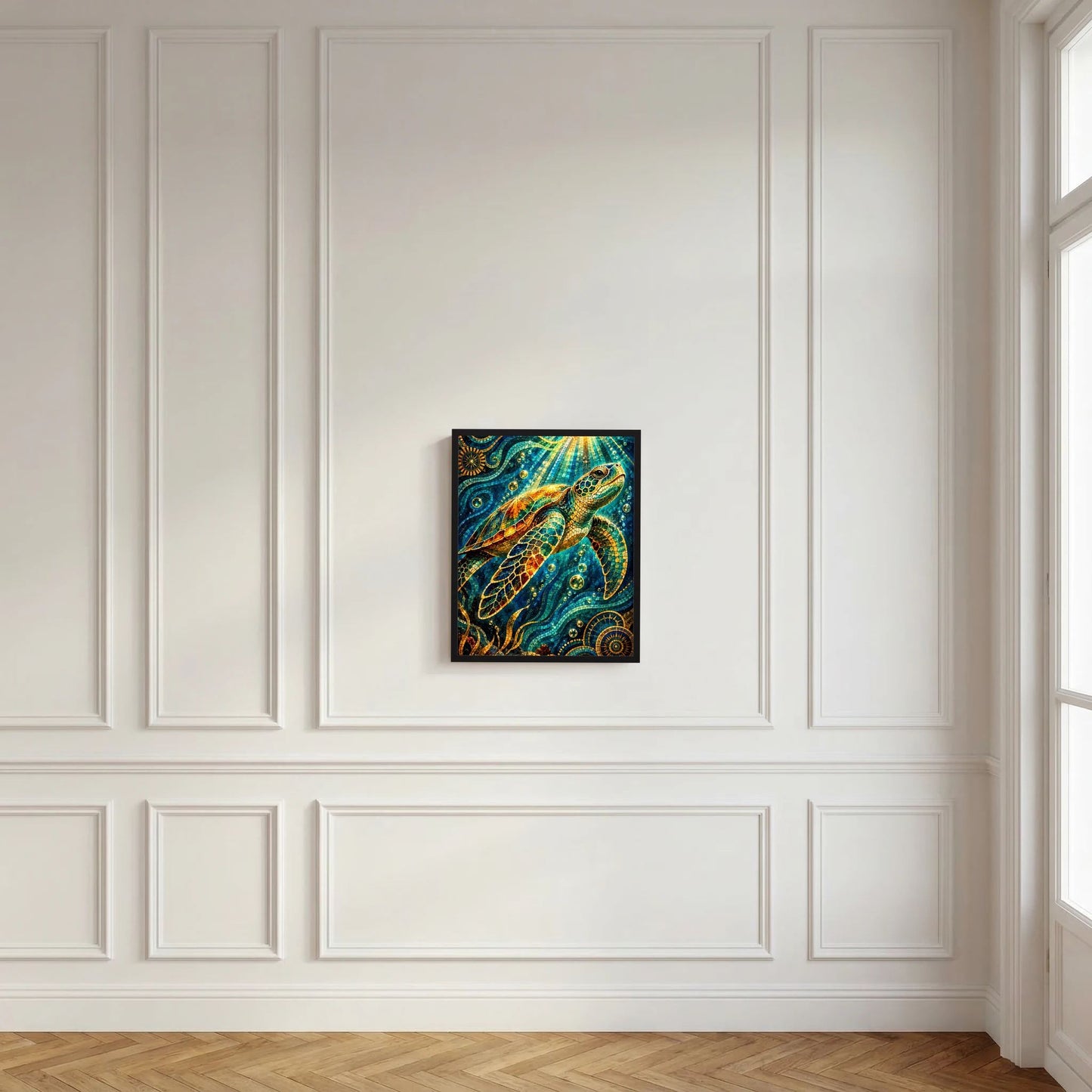 Gerahmtes Kunstposter Meeresschildkröte im Mosaik, türkis-gold, klein und mittig