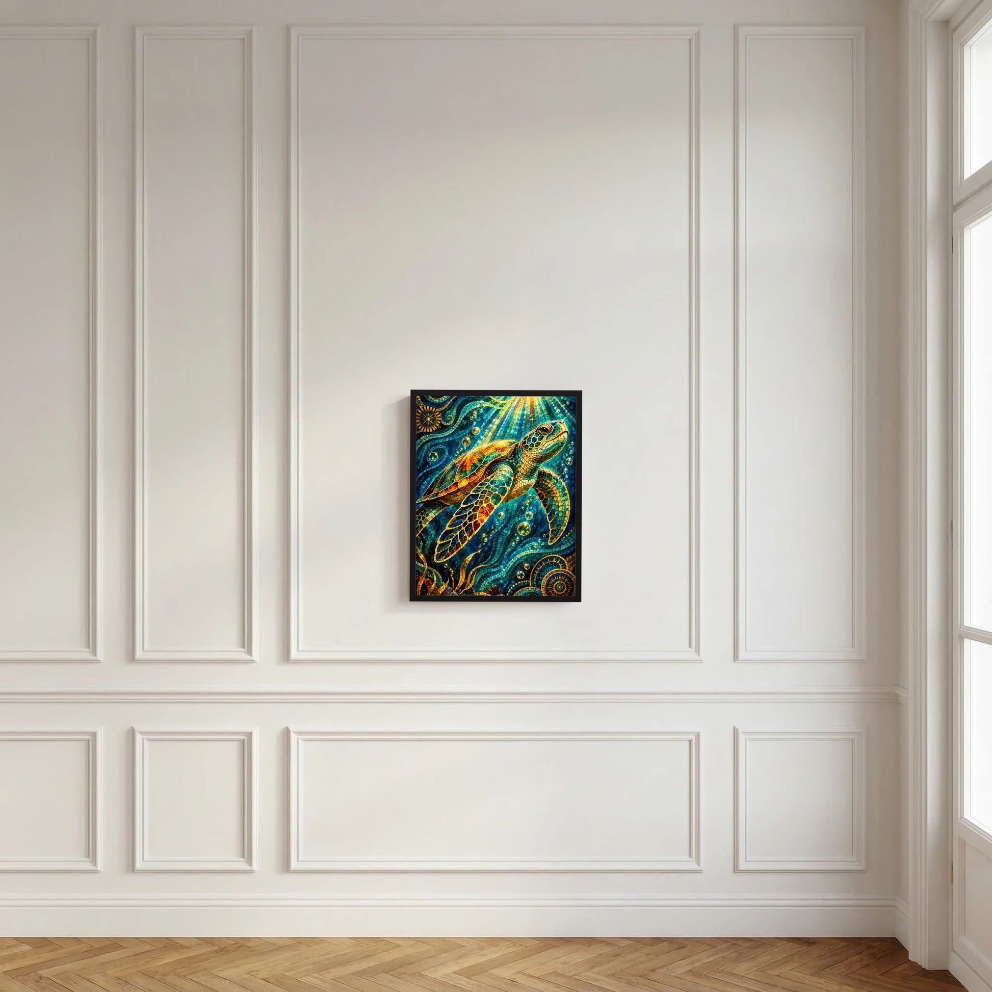 Gerahmtes Kunstposter Meeresschildkröte im Mosaik, türkis-gold, klein und mittig