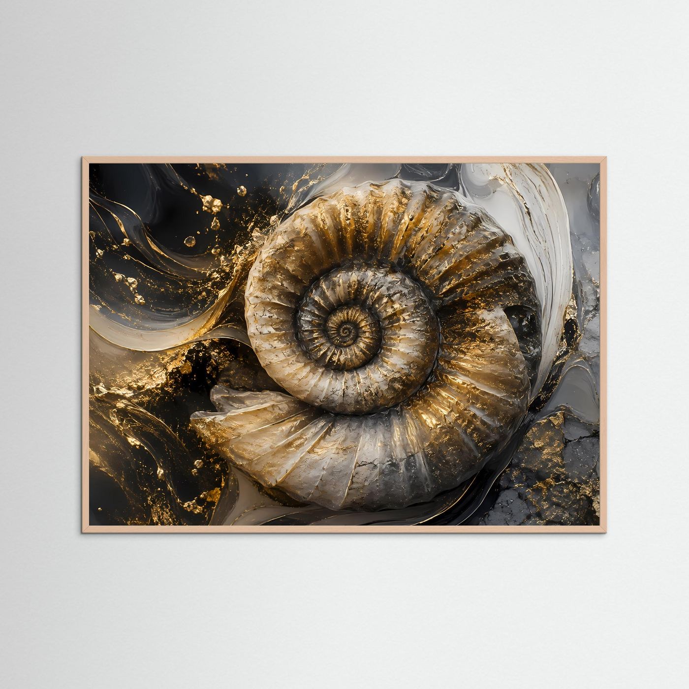 Ammonit Fossil Gold Schwarz | Luxuriöse Geologische Wandkunst | Abstraktes Natur Poster | Elegante Spiral Fossilie | Moderne Leinwand