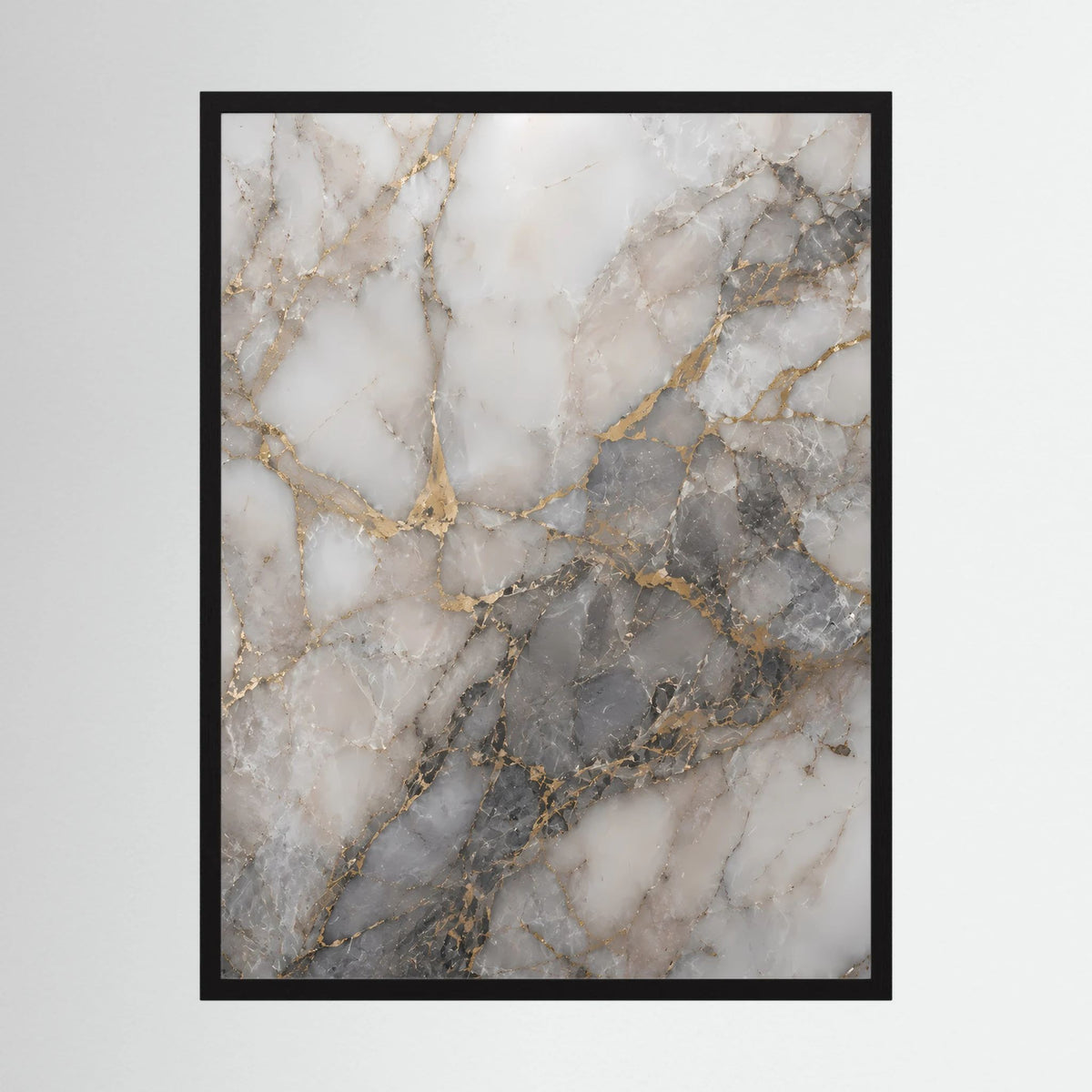 Poster im Hochformat mit Marmoroptik in Weiß, Grau und goldenen Adern im schwarzen Rahmen