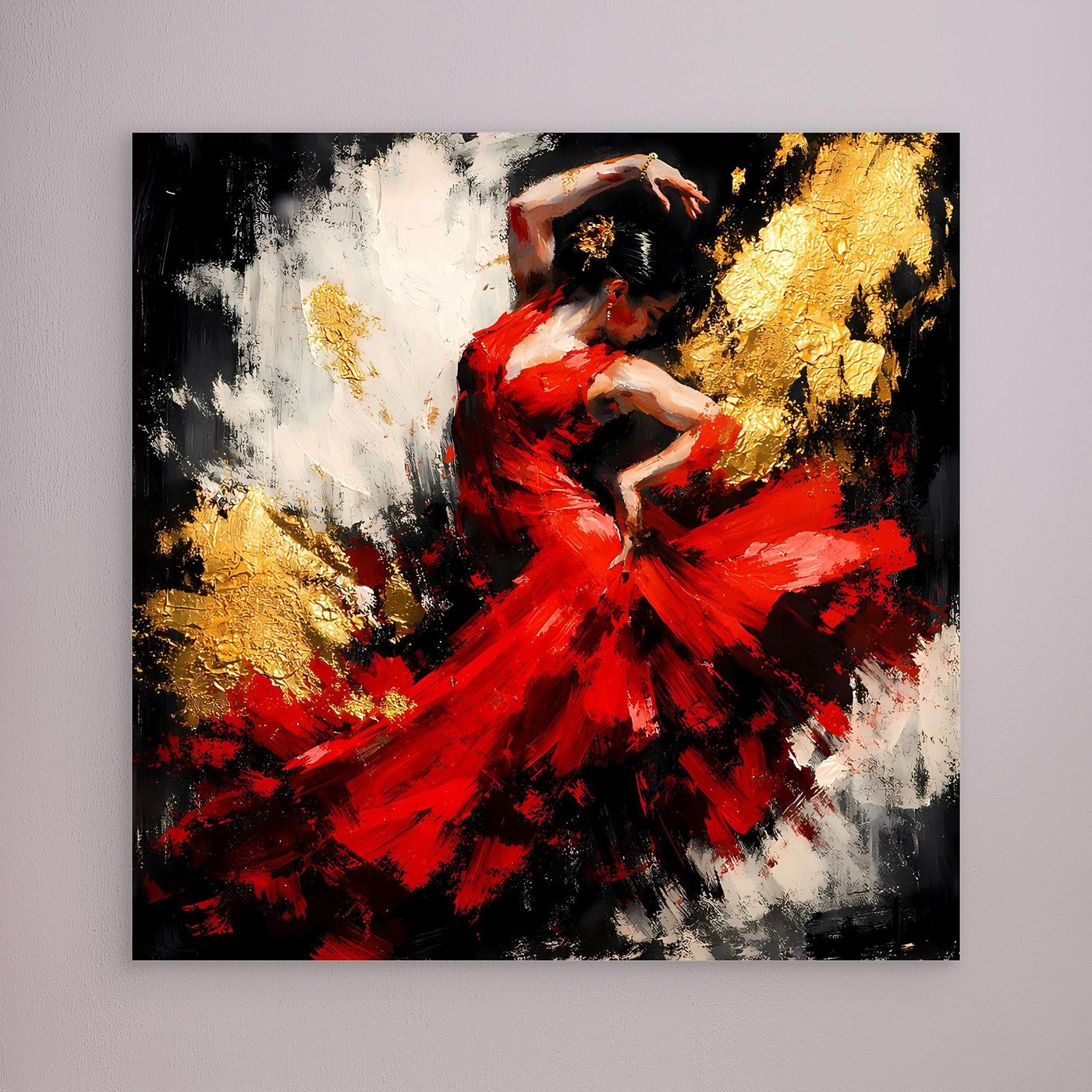 Leinwand Flamenco Tänzerin in Rot und Gold | Modernes Abstraktes Tanz Wandbild