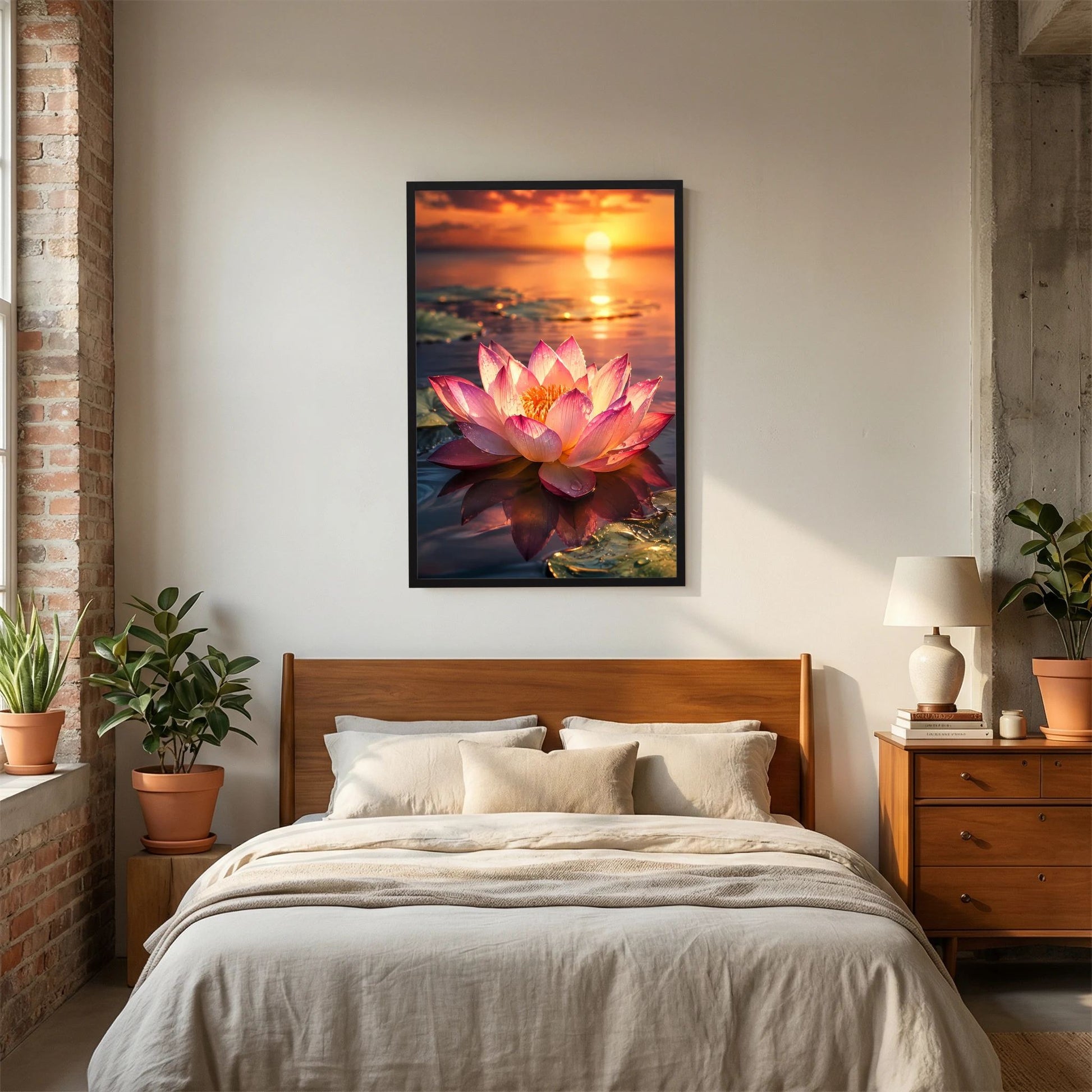Poster im Hochformat mit rosa Lotusblüte bei Sonnenuntergang, schwarzer Rahmen im Schlafzimmer
