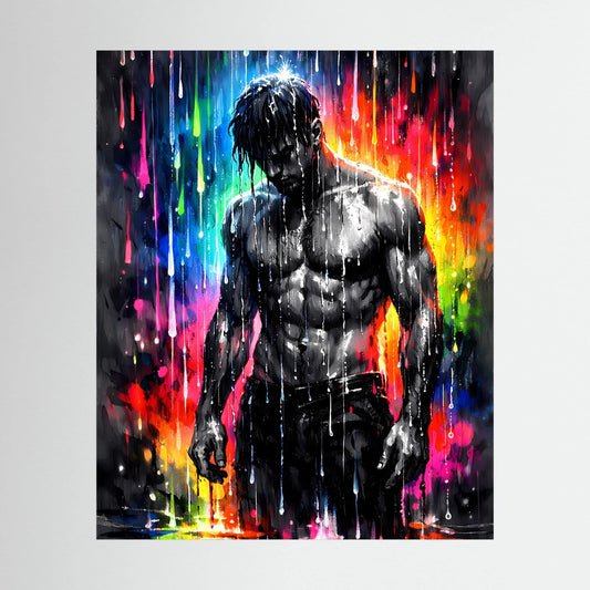 Wandposter: muskulöser Männerkörper in Schwarzweiß mit bunten Neon-Spritzern, Hochformat