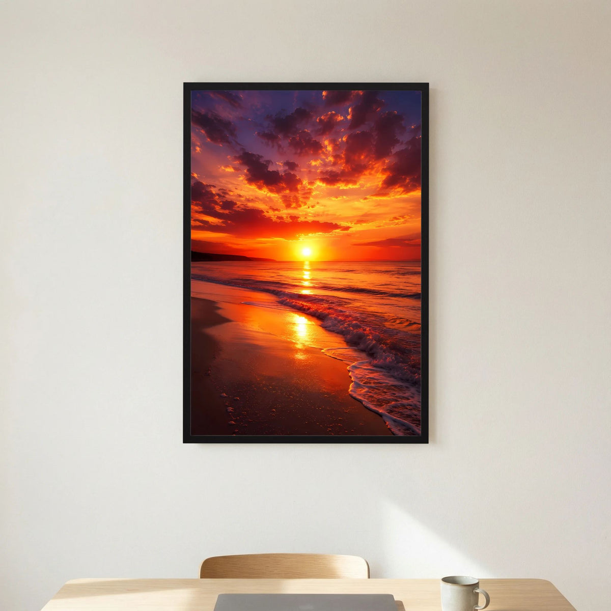 Hochformat-Poster Sonnenuntergang am Strand im schwarzen Rahmen, Reflexe am nassen Strand