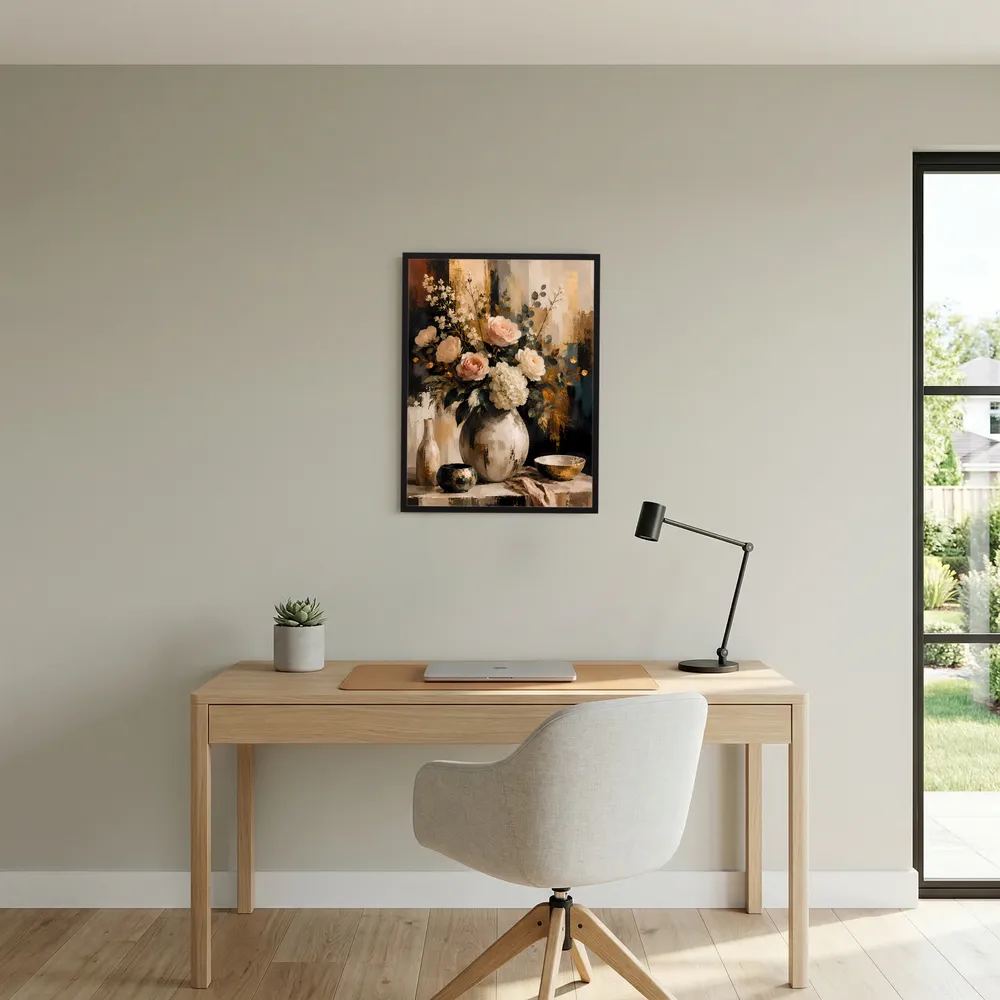 Blumenstillleben-Poster im Hochformat mit Blumen in Vase, schwarz gerahmt