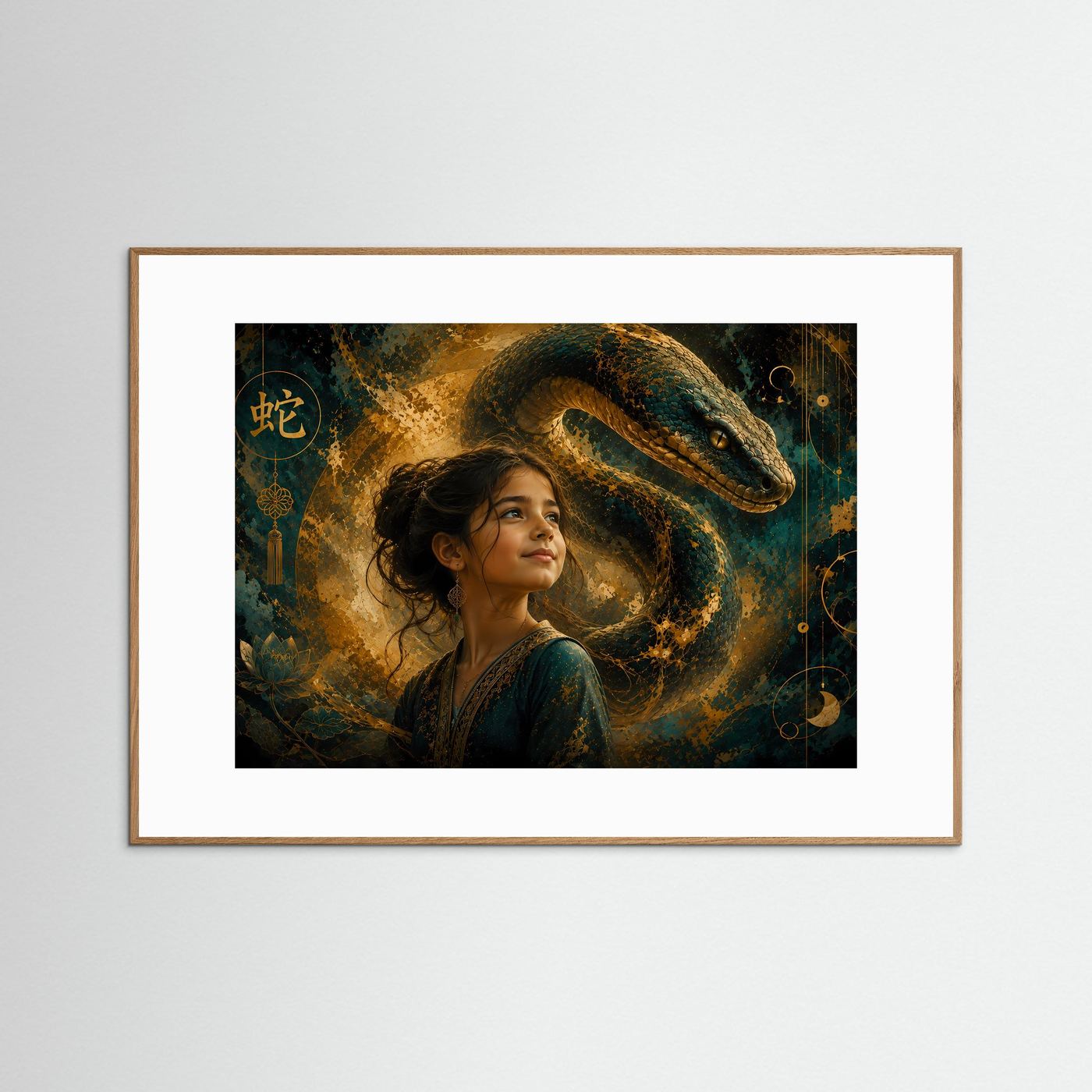 Fantasy-Poster im Querformat: Frau mit grüner Schlange, Gold- und Petroltönen, heller Holzrahmen