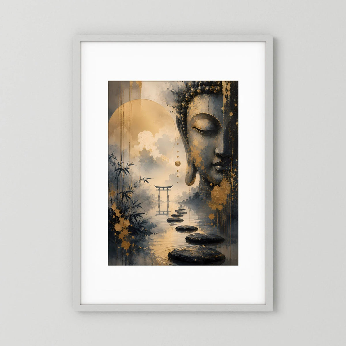 Buddha-Poster im Hochformat mit Gold- und Schwarzgrafik, ruhigem Gesicht und Blumen