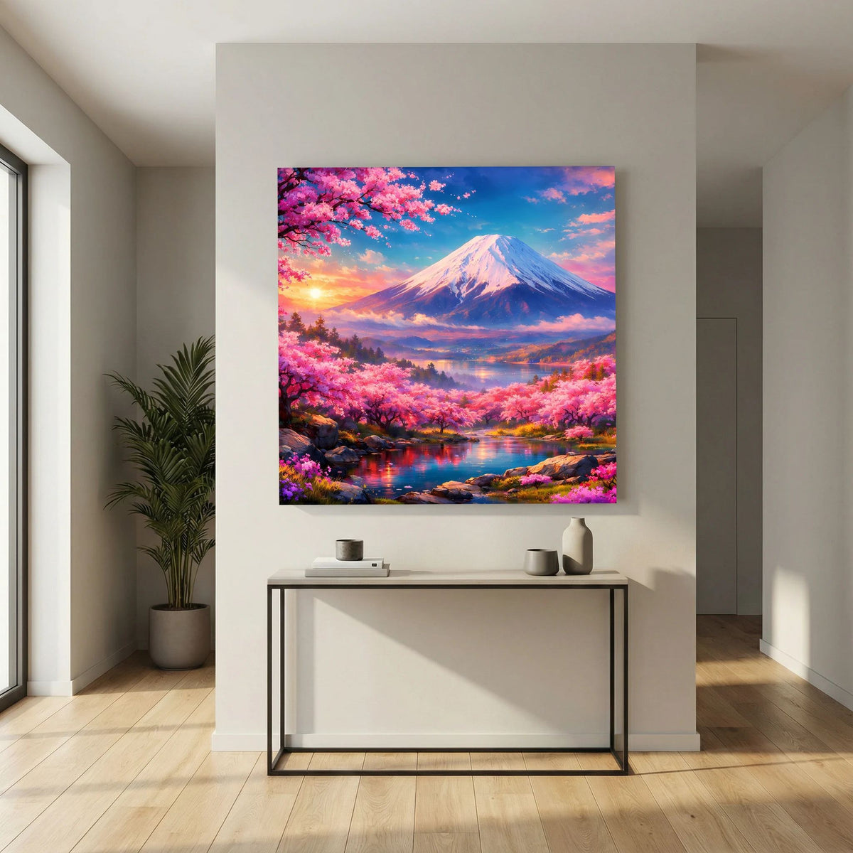 Leinwandbild auf Holzkeilrahmen mit Fuji, pinken Kirschblüten und ruhigem Wasser unter blauem Himmel