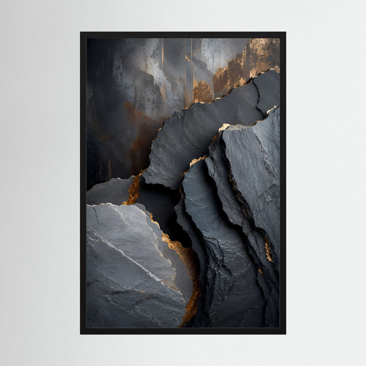 Poster im schwarzen Rahmen mit abstrakter Steinlandschaft in Schwarz und Gold