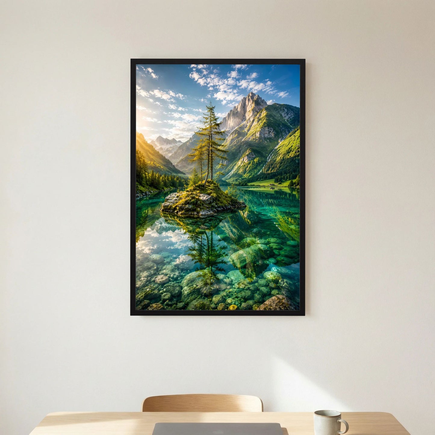 Hochformatiges Poster mit schwarzem Rahmen: Bauminsel, grüner Bergsee und Berggipfel.