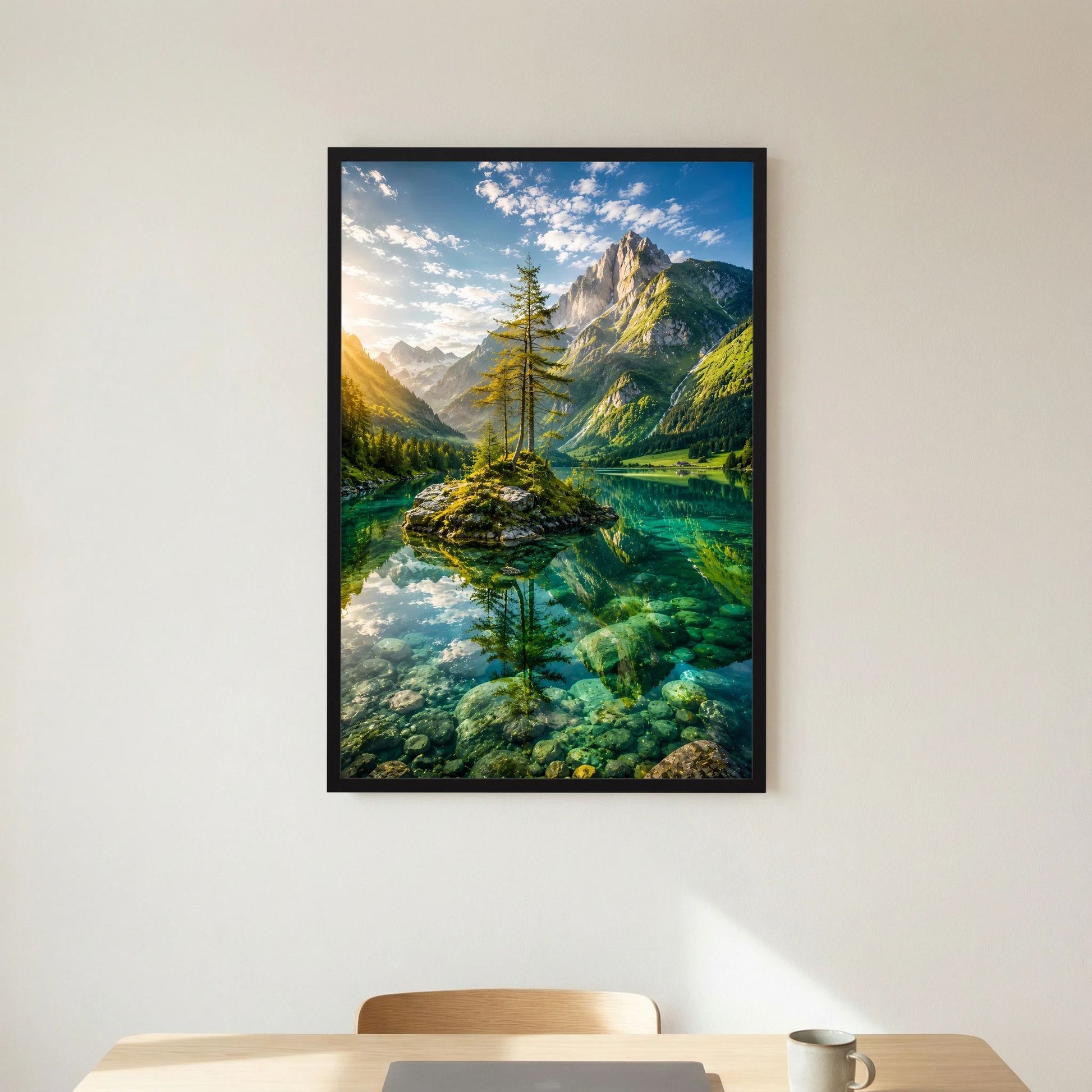 Hochformatiges Poster mit schwarzem Rahmen: Bauminsel, grüner Bergsee und Berggipfel.