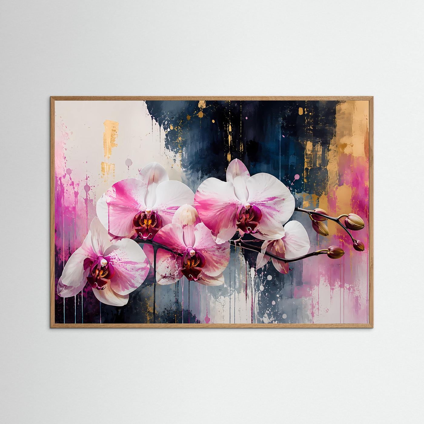 Elegante Rosa Orchideen in Gold | Modernes Florales Wandbild Querformat
