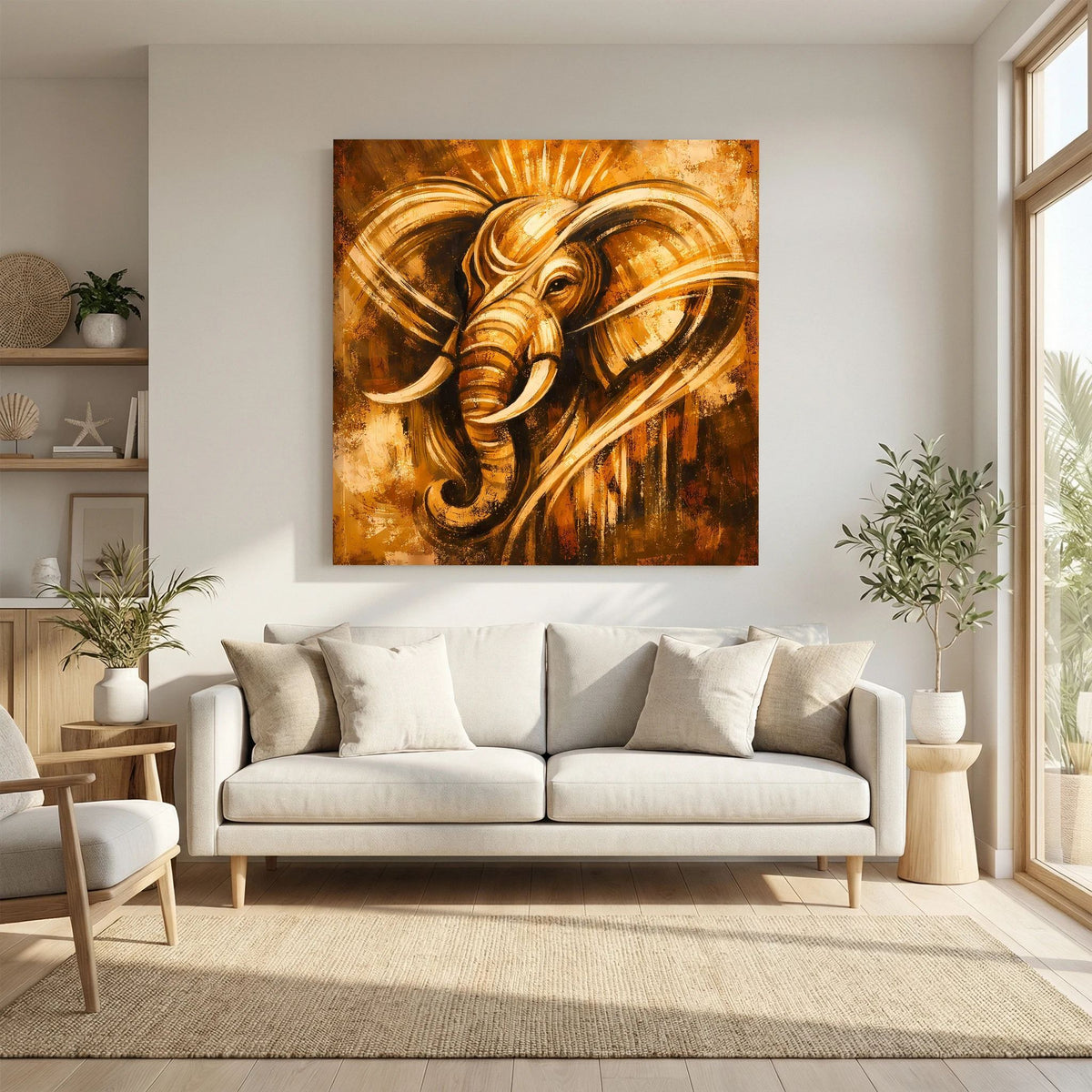 Abstraktes Leinwand-Wandbild: goldener Elefant mit dynamischen Pinselstrichen