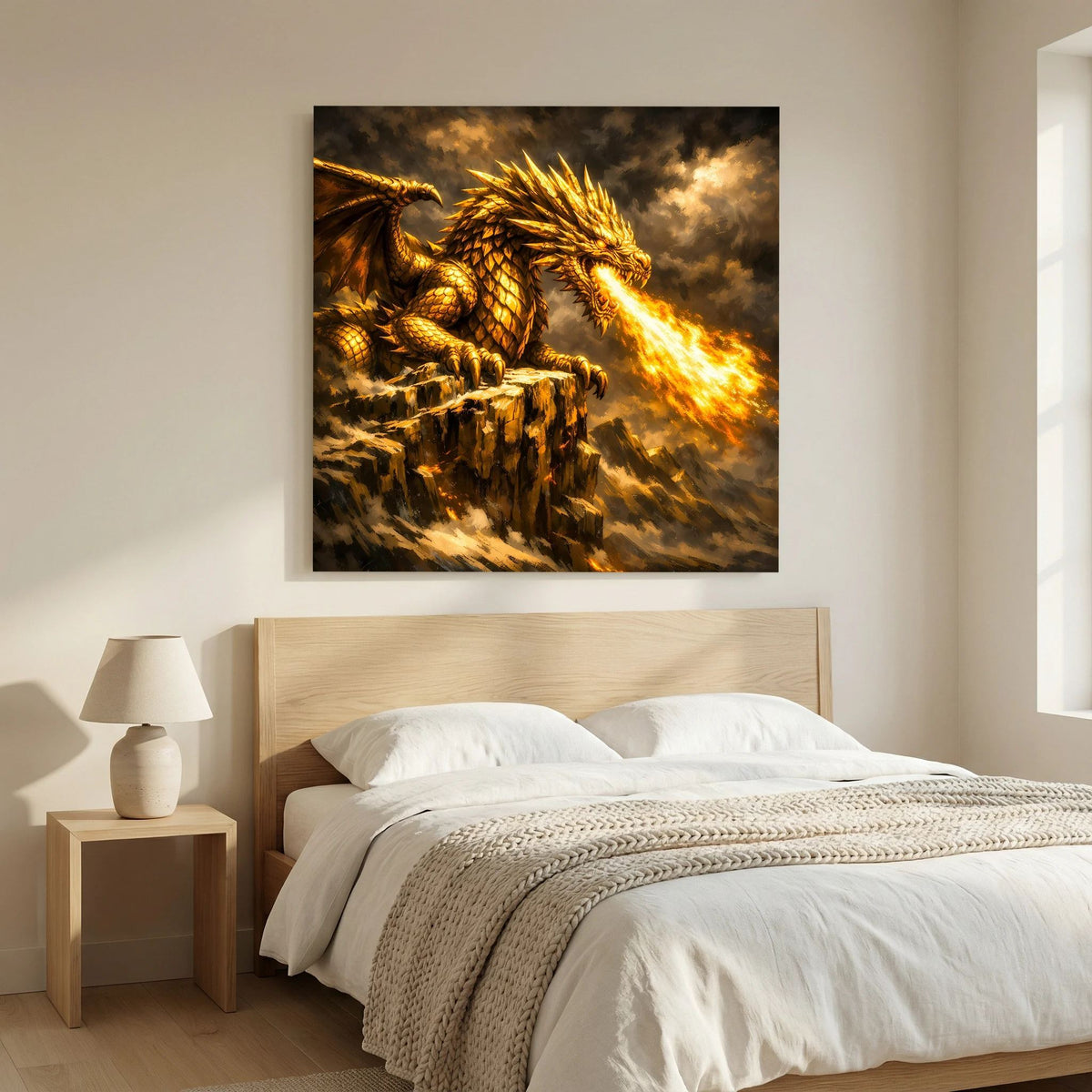 Fantasy-Wandbild mit goldenem Drachen und Flammen, auf Felsbrocken, gerahmt