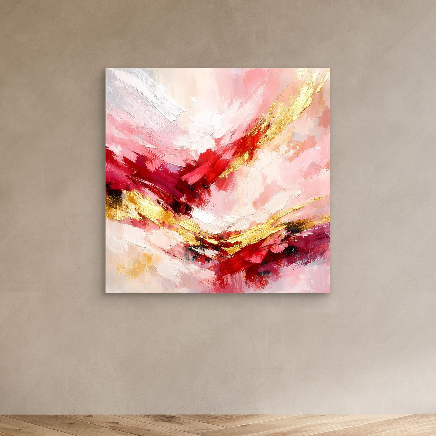 Abstraktes Leinwandbild mit rosa, roten und goldenen Pinselstrichen, klein, ohne Rahmen