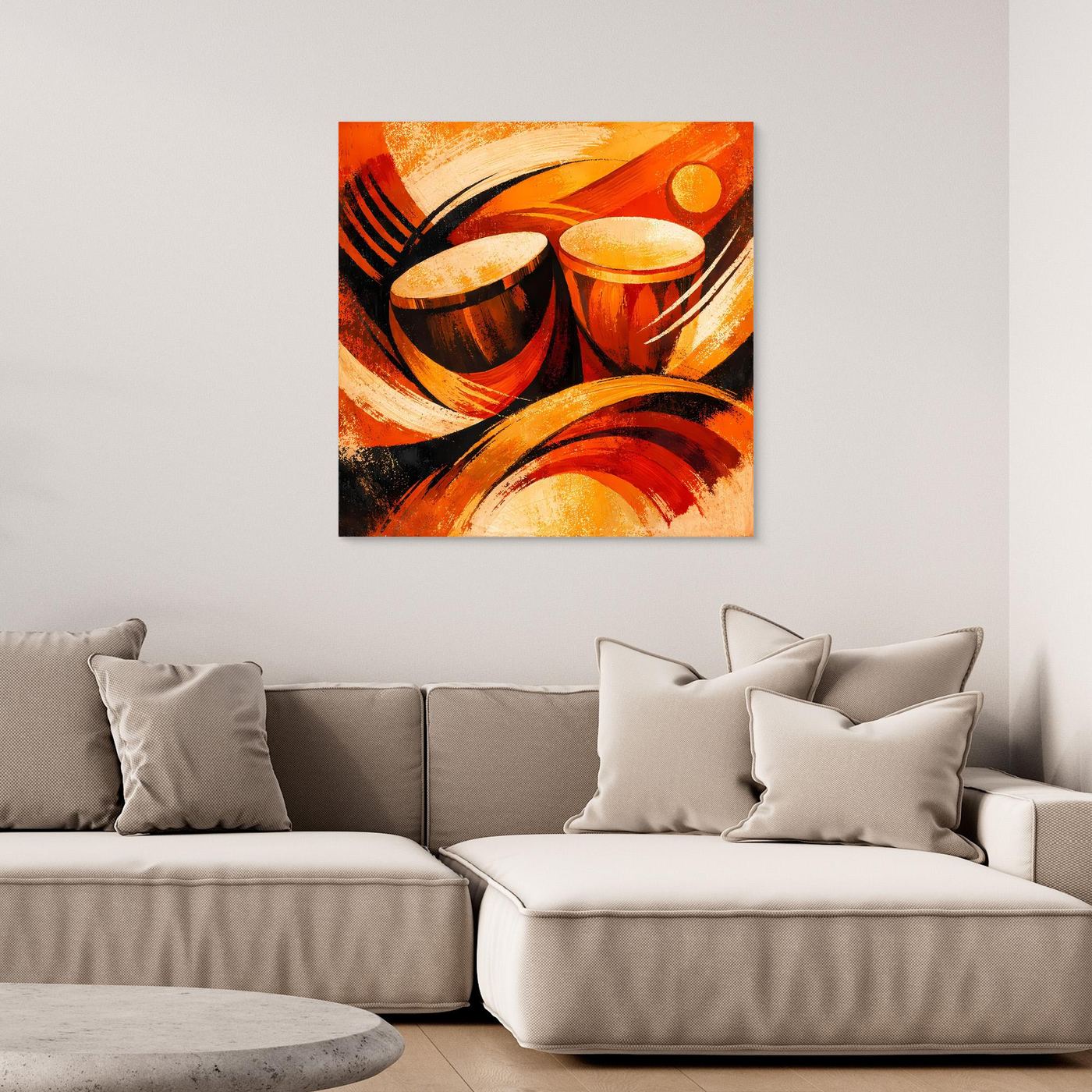 Abstraktes Leinwandbild mit Trommel-Formen in warmem Orange-Rot, quadratisch, mit Rahmen