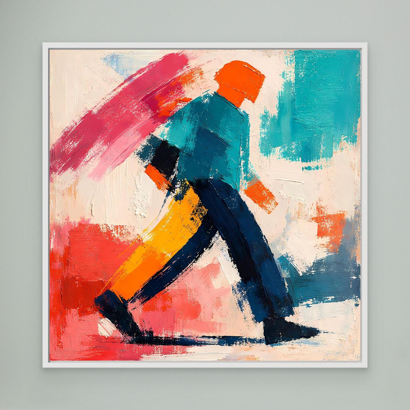 Abstract pop art wall canvas with walker figure, white frame, red, teal, navy paint strokes.