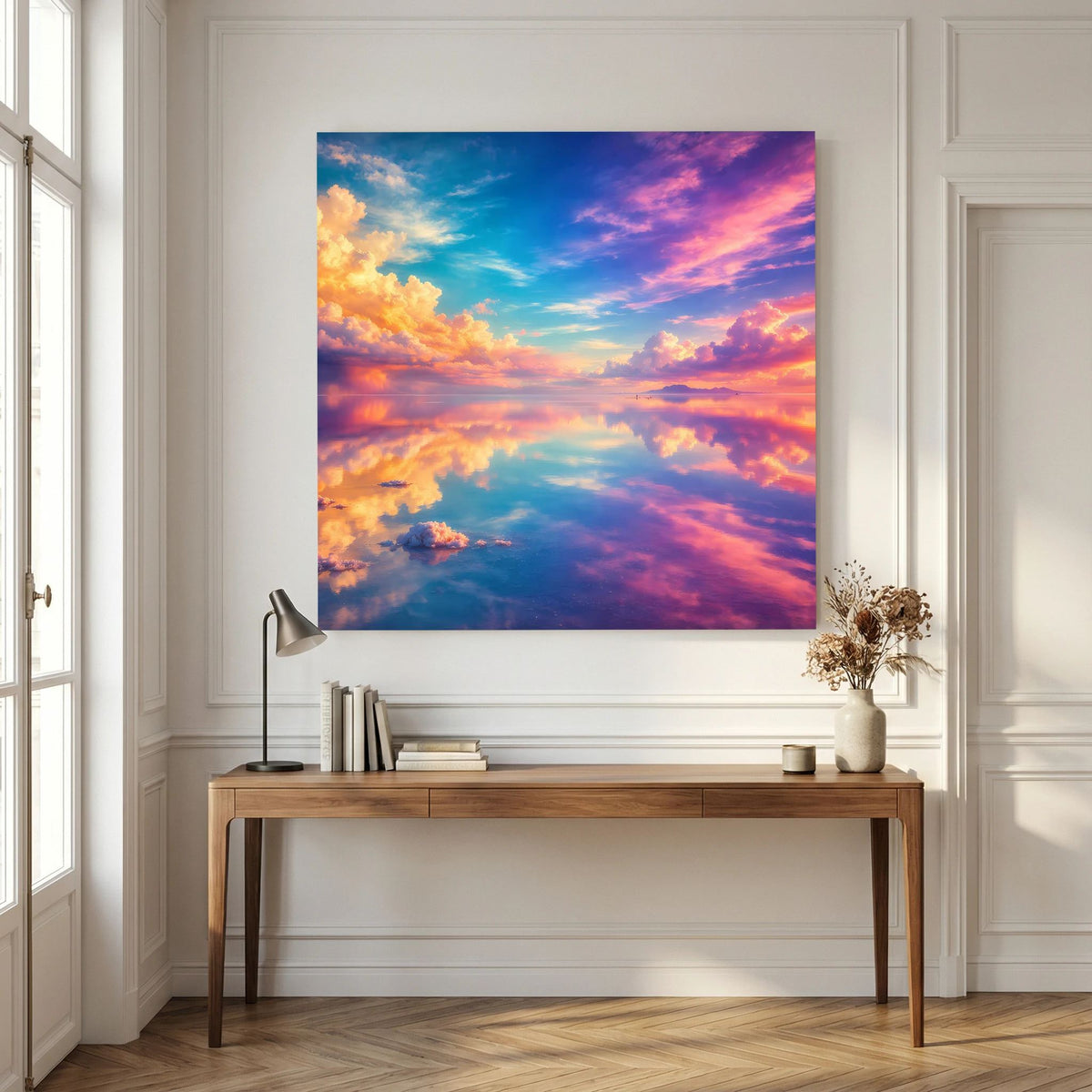 Leinwandbild auf Holzkeilrahmen mit Himmel-Reflexion, Wolken in Blau, Türkis und Rosa