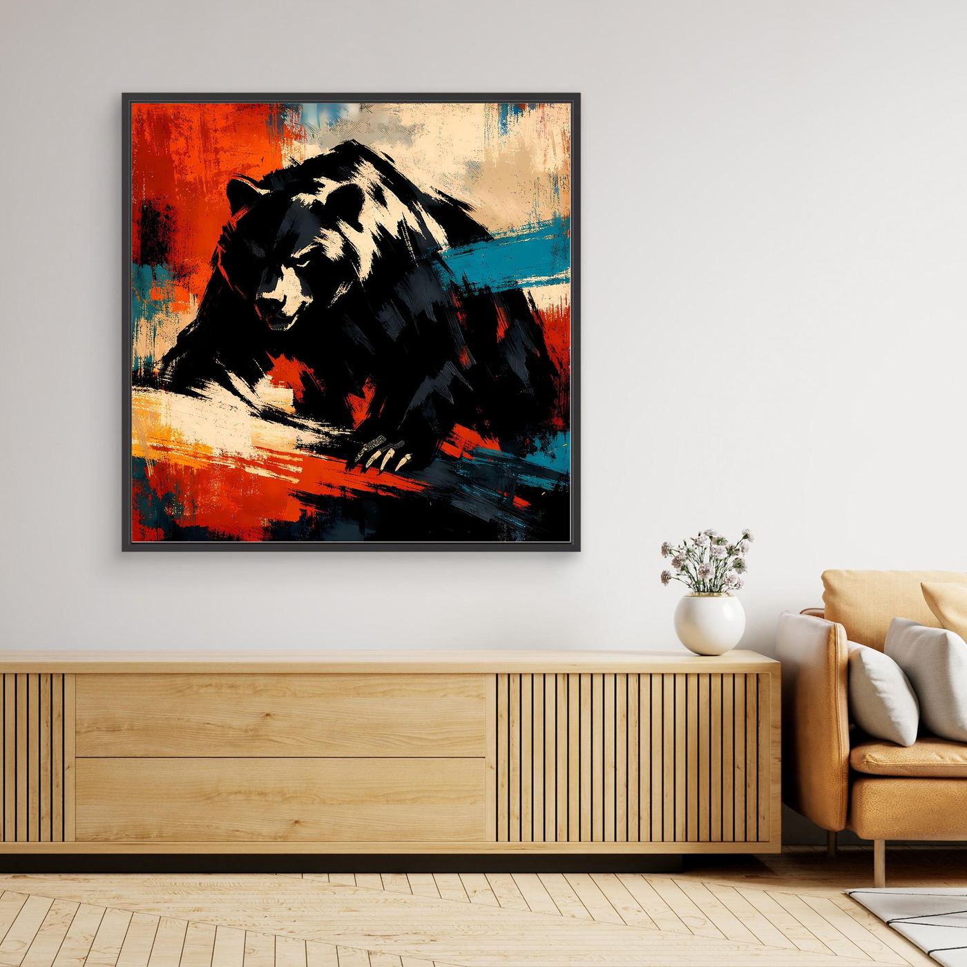 Wandbild mit abstraktem Grizzlybär, Kontrastfarben, schwarzer Rahmen