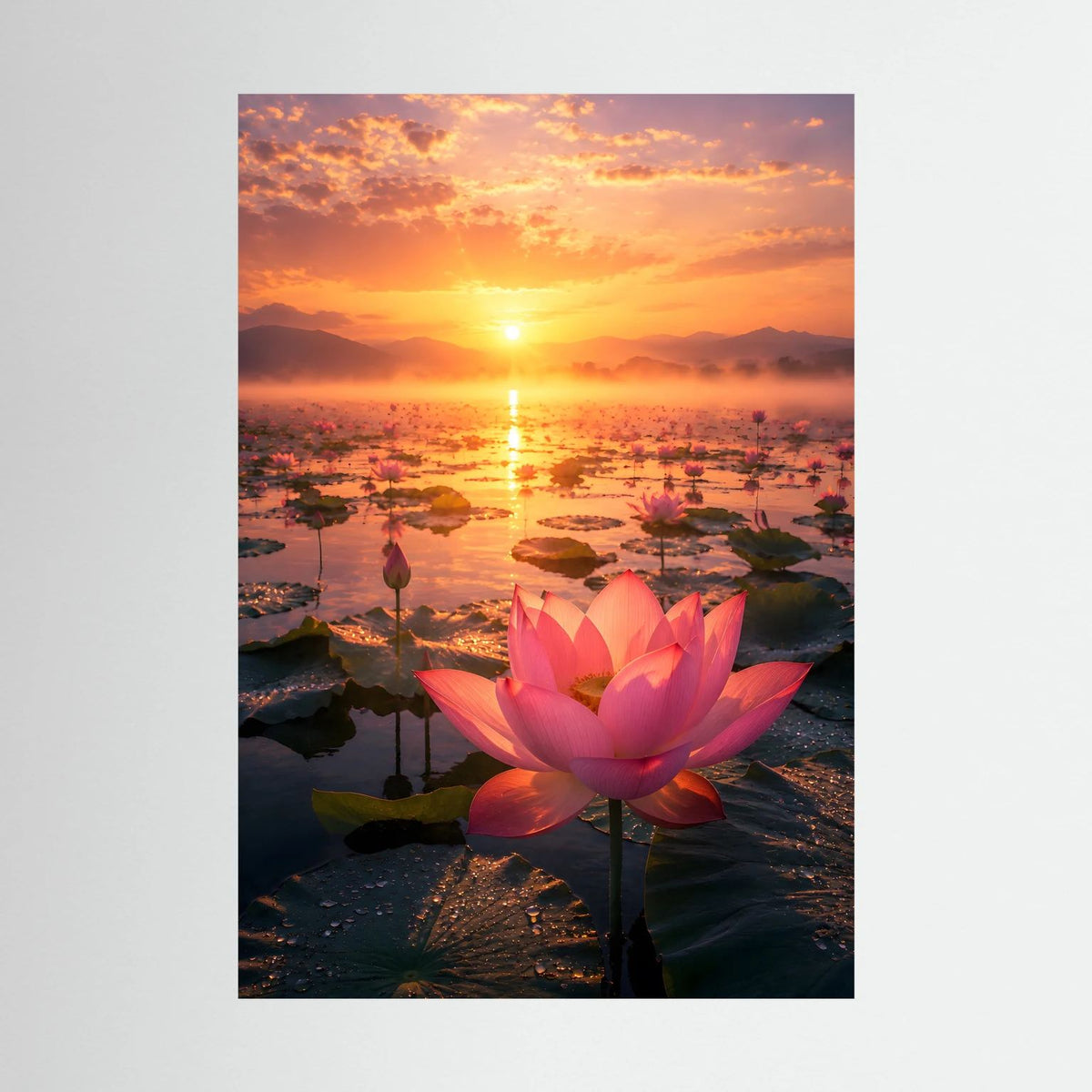 Hochformat-Poster mit rosa Lotusblüte im Sonnenuntergang über ruhigem Wasser