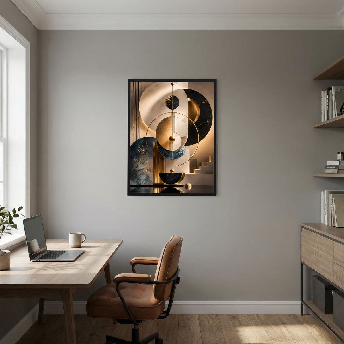 Gerahmtes Hochformat-Poster an der Wand mit geometrischen Kreisen in Gold, Schwarz, Beige und Petrol