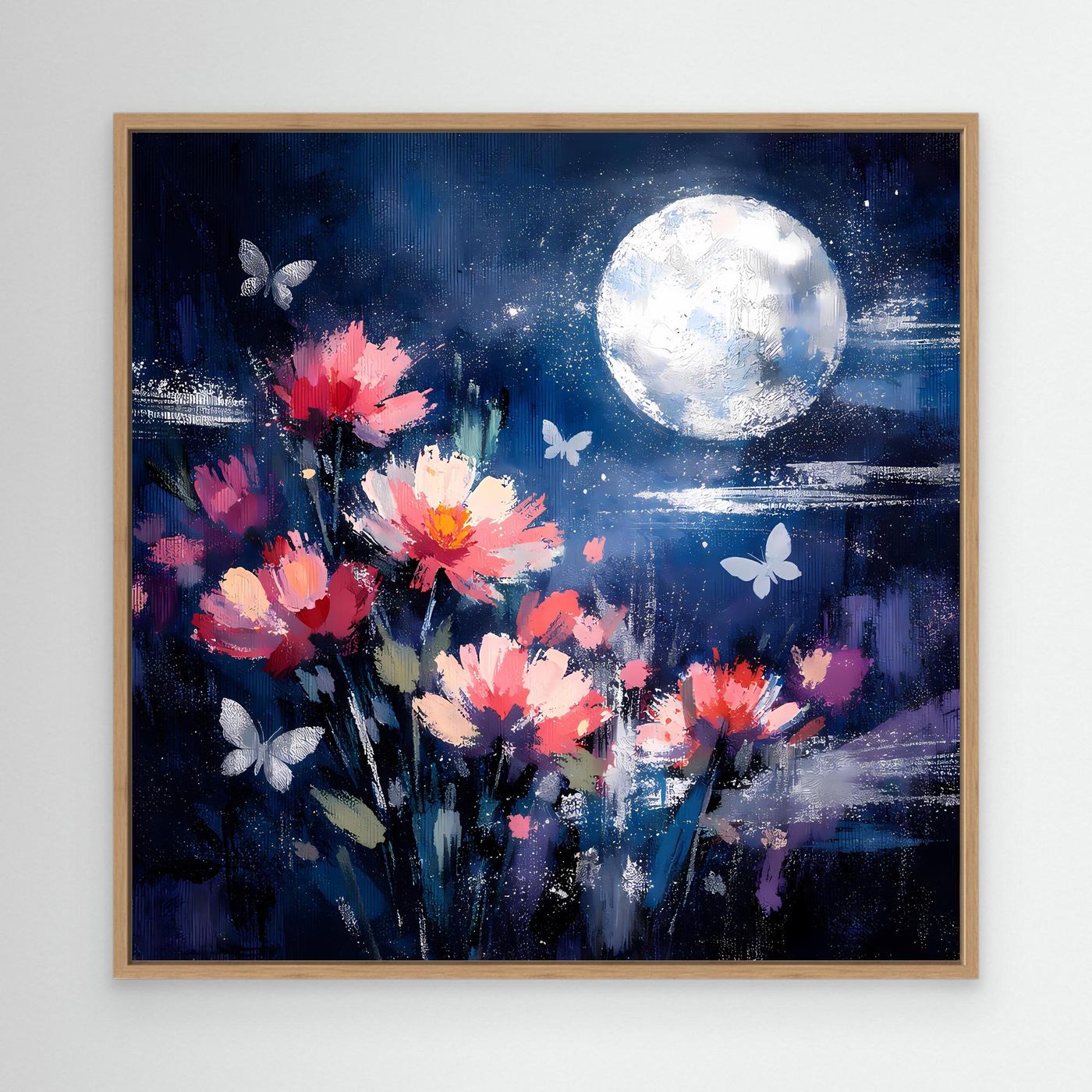 Abstraktes Blumen-Wandbild mit hellem Holzrahmen: pinke Blüten, großer Mond, Schmetterlinge