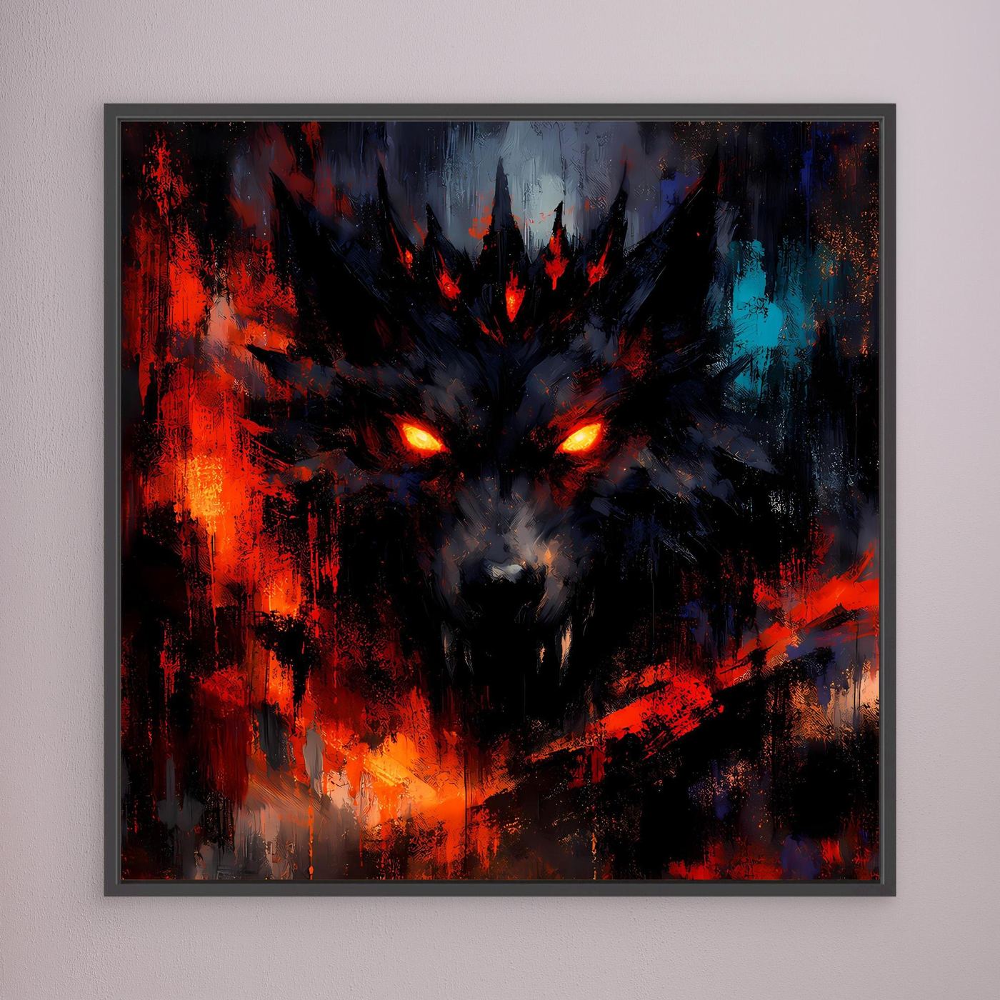 Abstraktes Wolf-Leinwandbild mit Farbexplosion in Rot und Blau, leuchtende Augen, schwarzer Rahmen