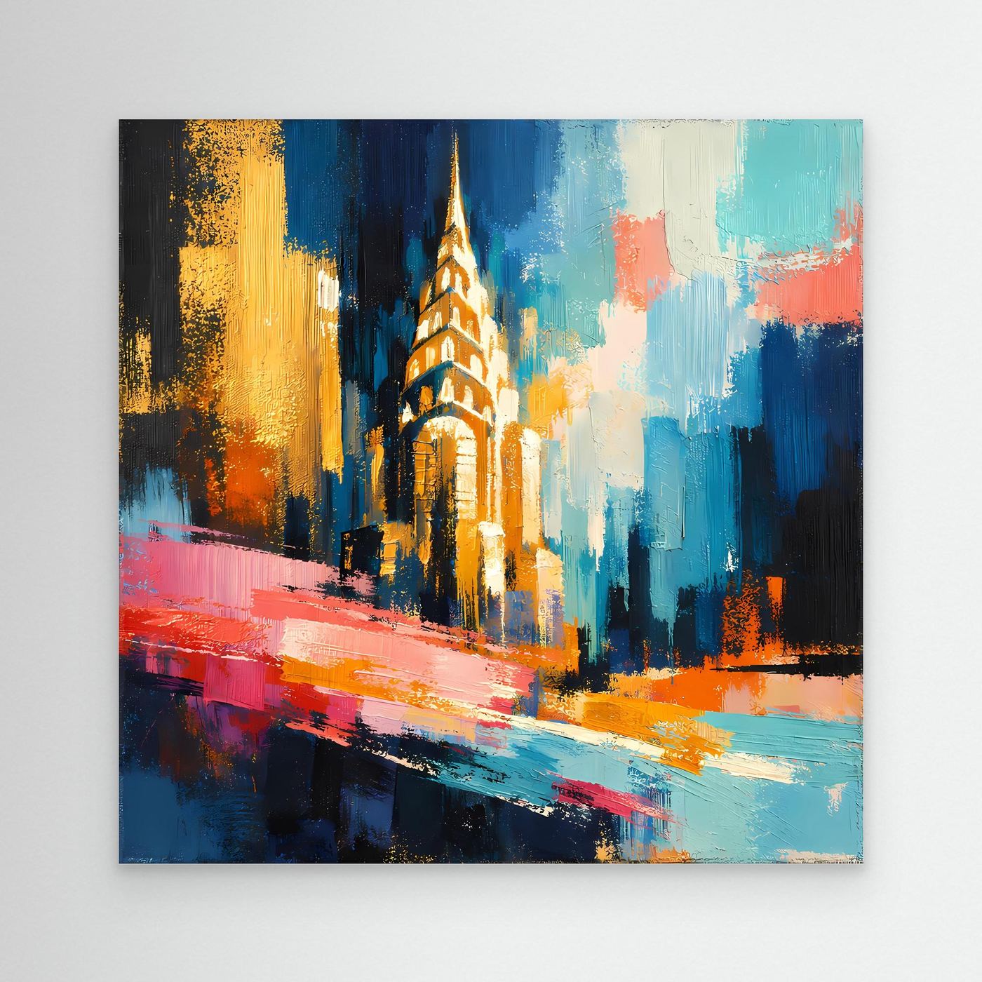 Leinwand-Wandbild mit abstrakter Architektur: golden beleuchteter Turm, bunte Pinselstriche