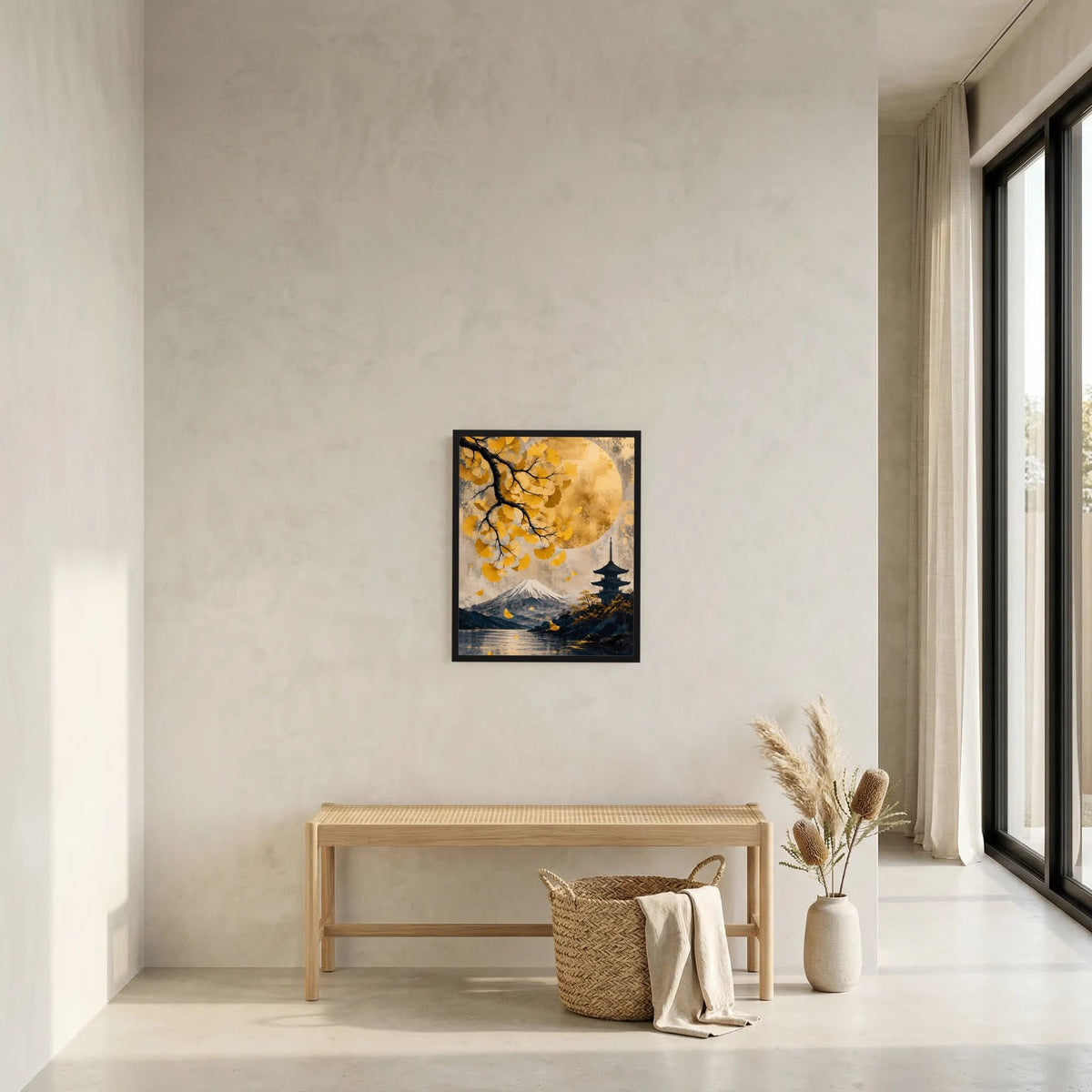 Gerahmtes Poster im Hochformat an der Wand: Fuji, Pagode, goldgelbe Ginkgoblätter und Bergsee