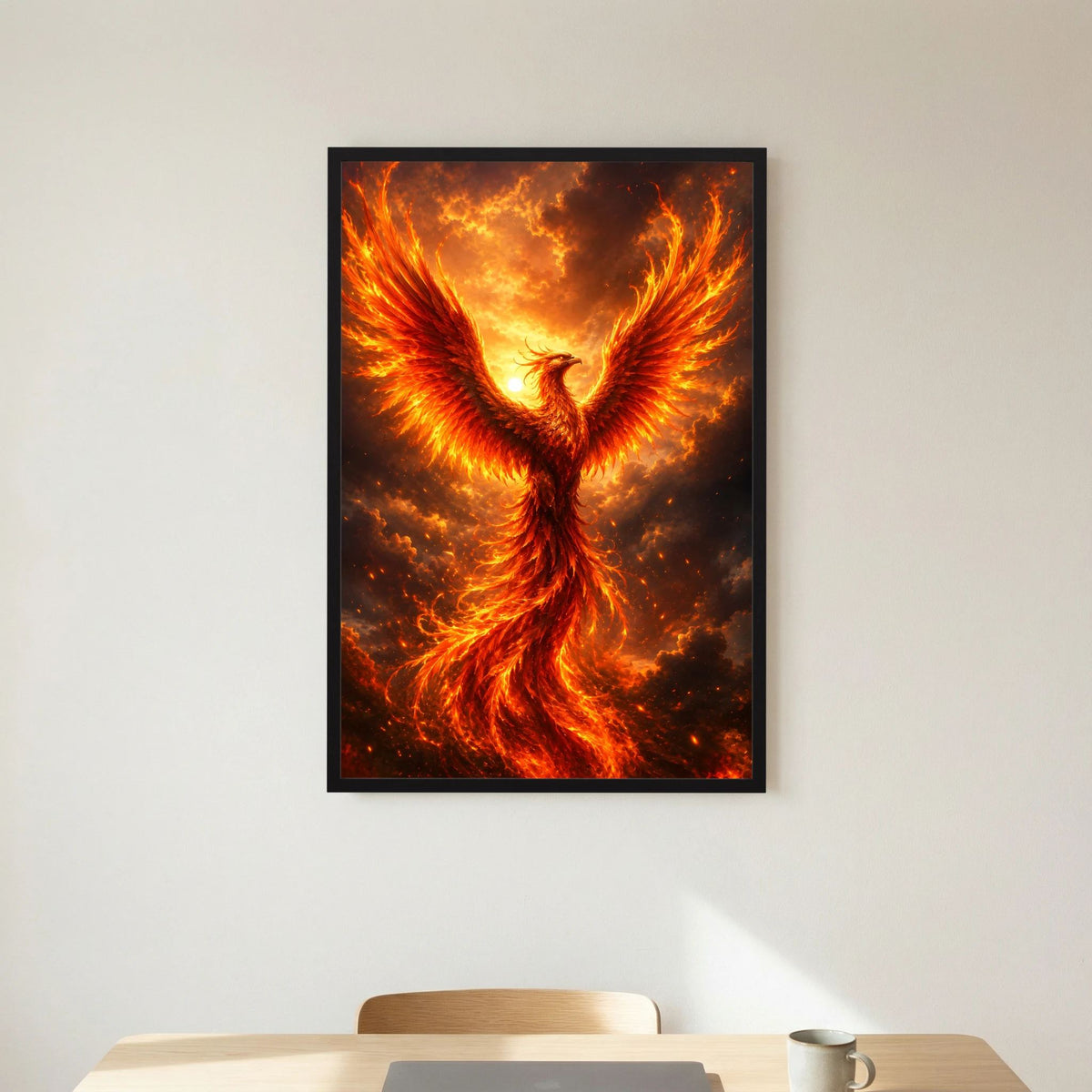 Hochkant-Poster: stehender Phönix aus Feuer, schwarzer Rahmen
