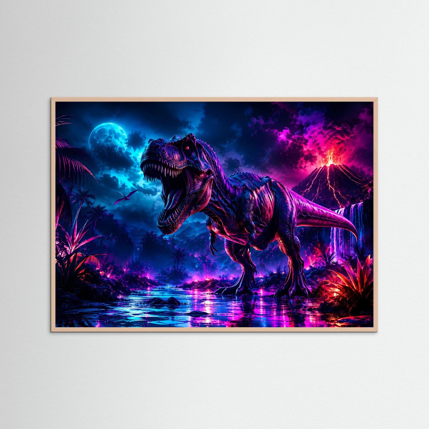 T-Rex Neon Nacht | Dinosaurier mit Vulkan & Mond