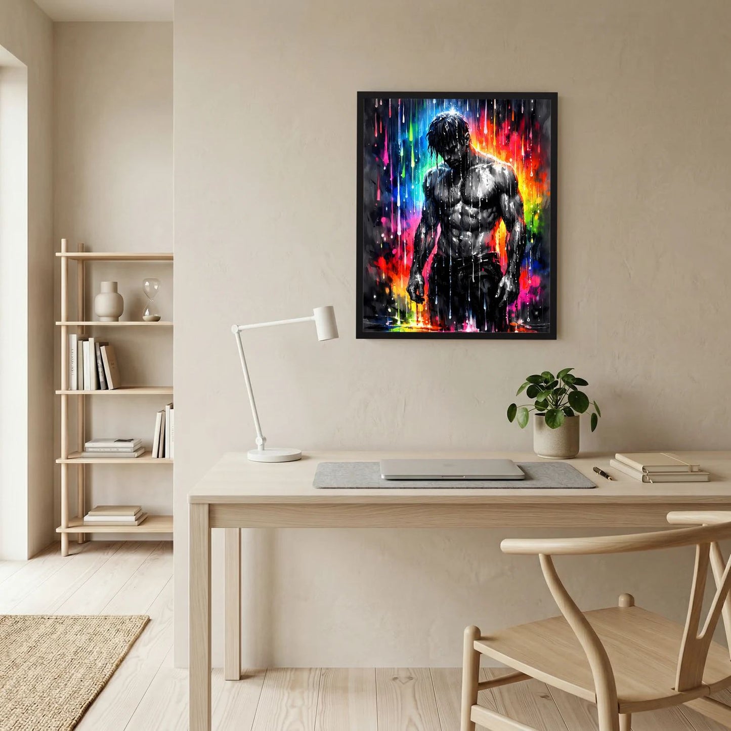 Wandbild im schwarzen Rahmen: muskulöser Männerkörper in Schwarzweiß mit bunten Neon-Spritzern