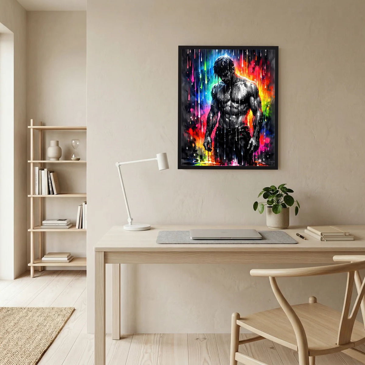 Wandbild im schwarzen Rahmen: muskulöser Männerkörper in Schwarzweiß mit bunten Neon-Spritzern