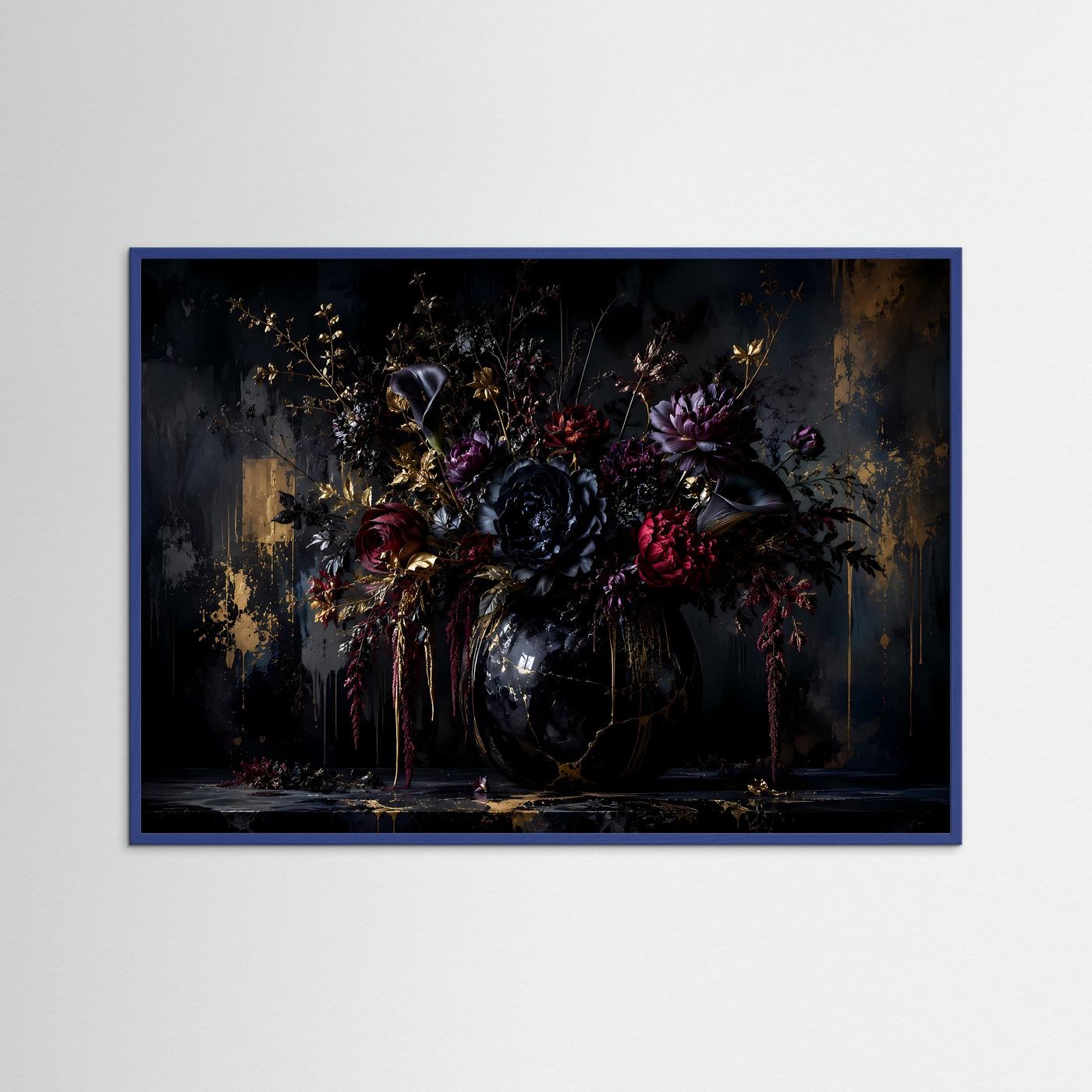 Dunkles Blumenarrangement in Gold & Schwarz | Luxuriöses Florales Wandbild Querformat