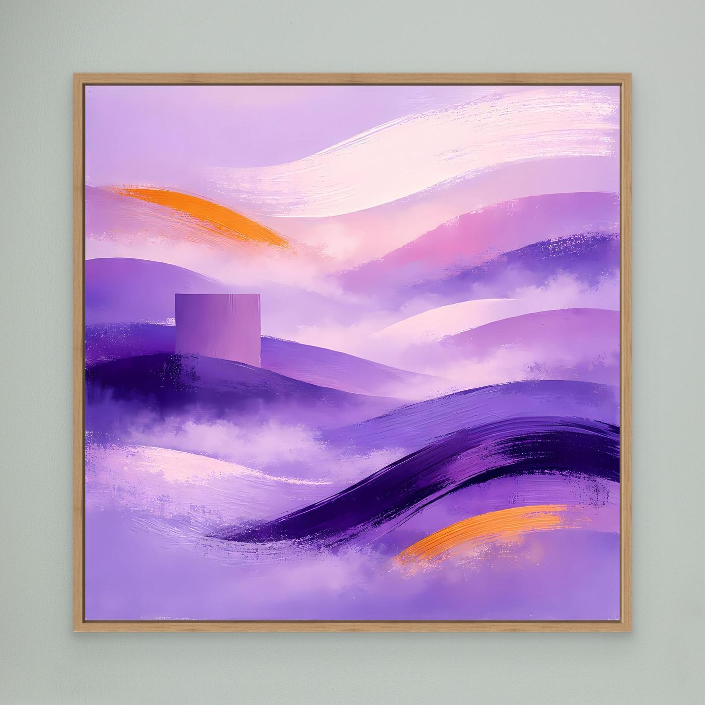 Abstraktes Leinwandbild mit Berglandschaft, Flieder/Violett, geölter Holzrahmen