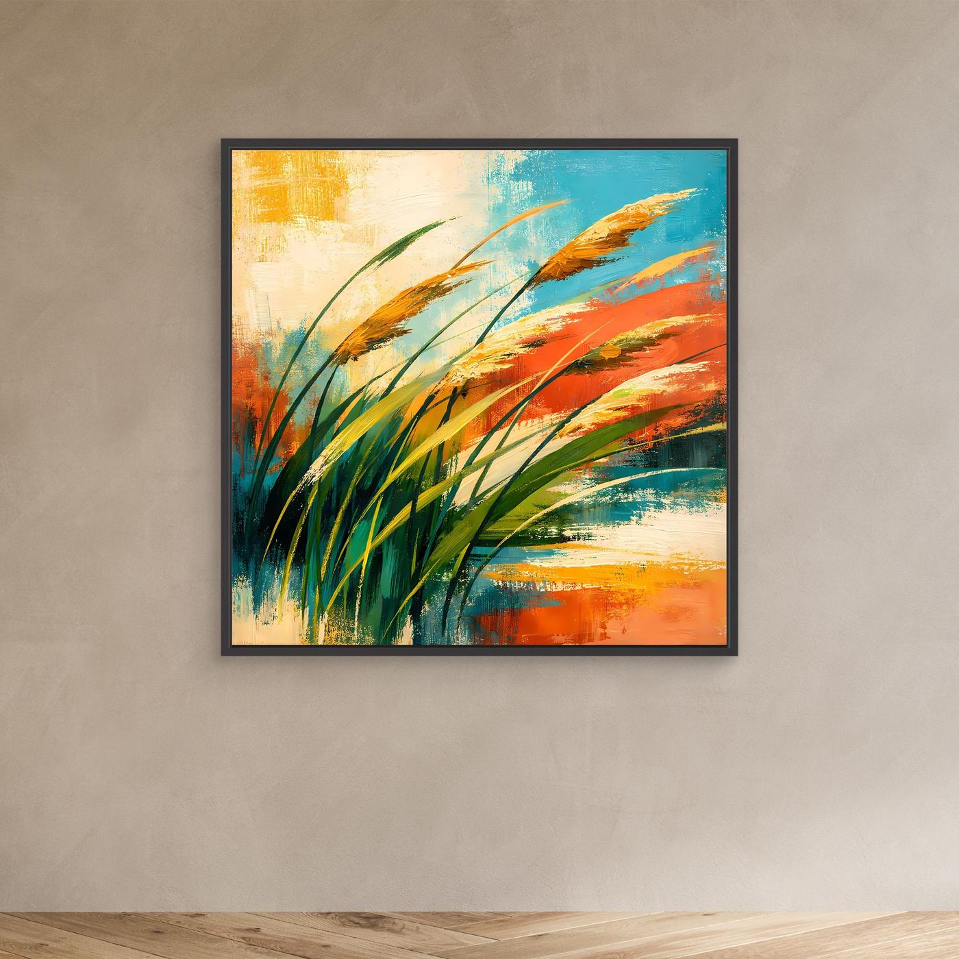 Kleines Leinwandbild mit abstrakten Gräsern (Grün, Orange, Blau) im schwarzen Rahmen