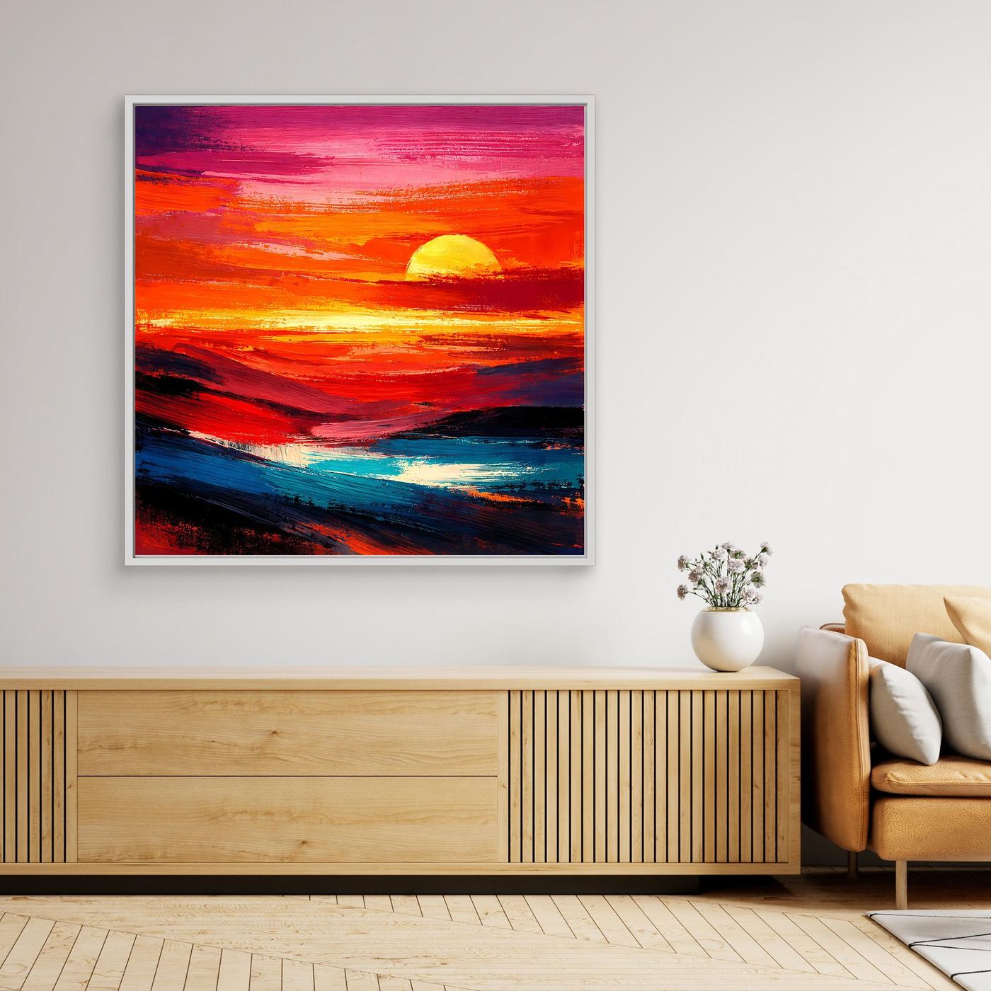 Abstraktes Leinwandbild mit Sonnenuntergang über Meer, weiß gerahmt