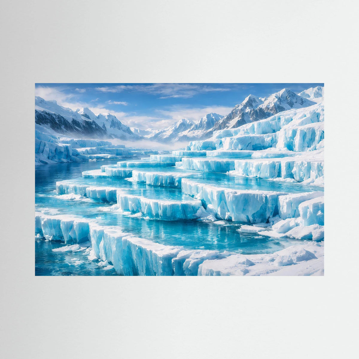 Gletscher-Wandbild mit blauem Eismeer, Eisblöcken und Bergkulisse, Querformat