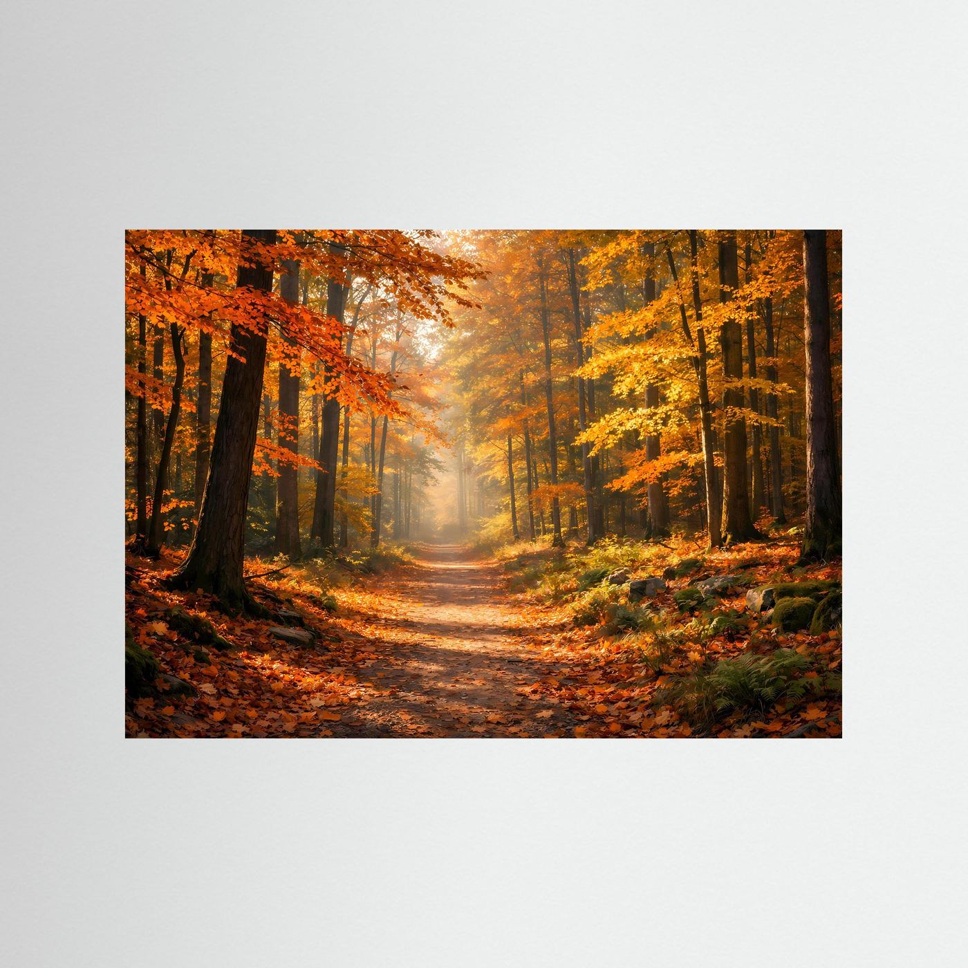 Querformatiges Wald-Wandbild mit Herbstweg, bunten Bäumen und Lichtstrahlen, ohne Rahmen