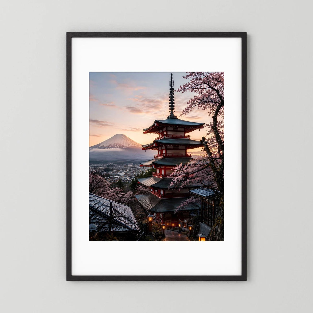 Japan-Pagode Poster im Hochformat mit Kirschblüten und Fuji bei Sonnenuntergang, schwarz mit weißem Rand